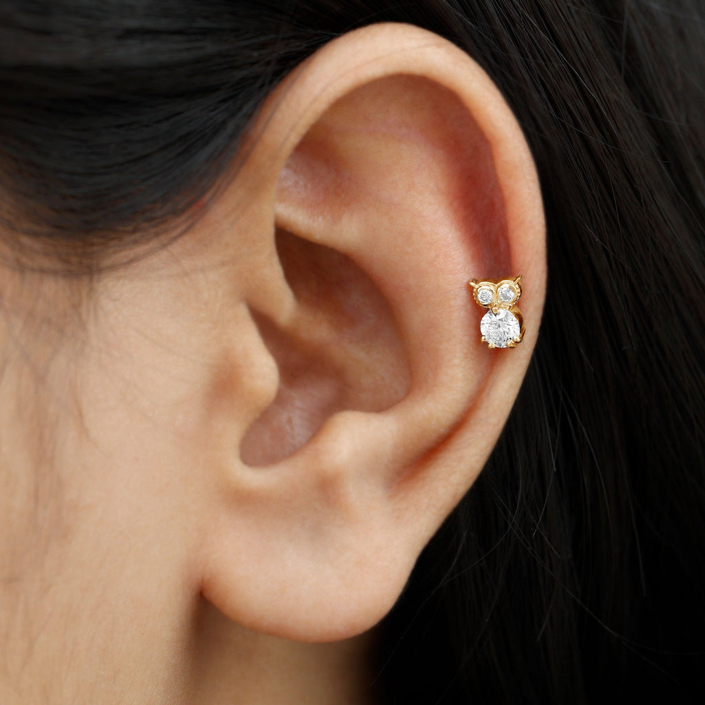 Diamond Owl Earring for Cartilage Piercing