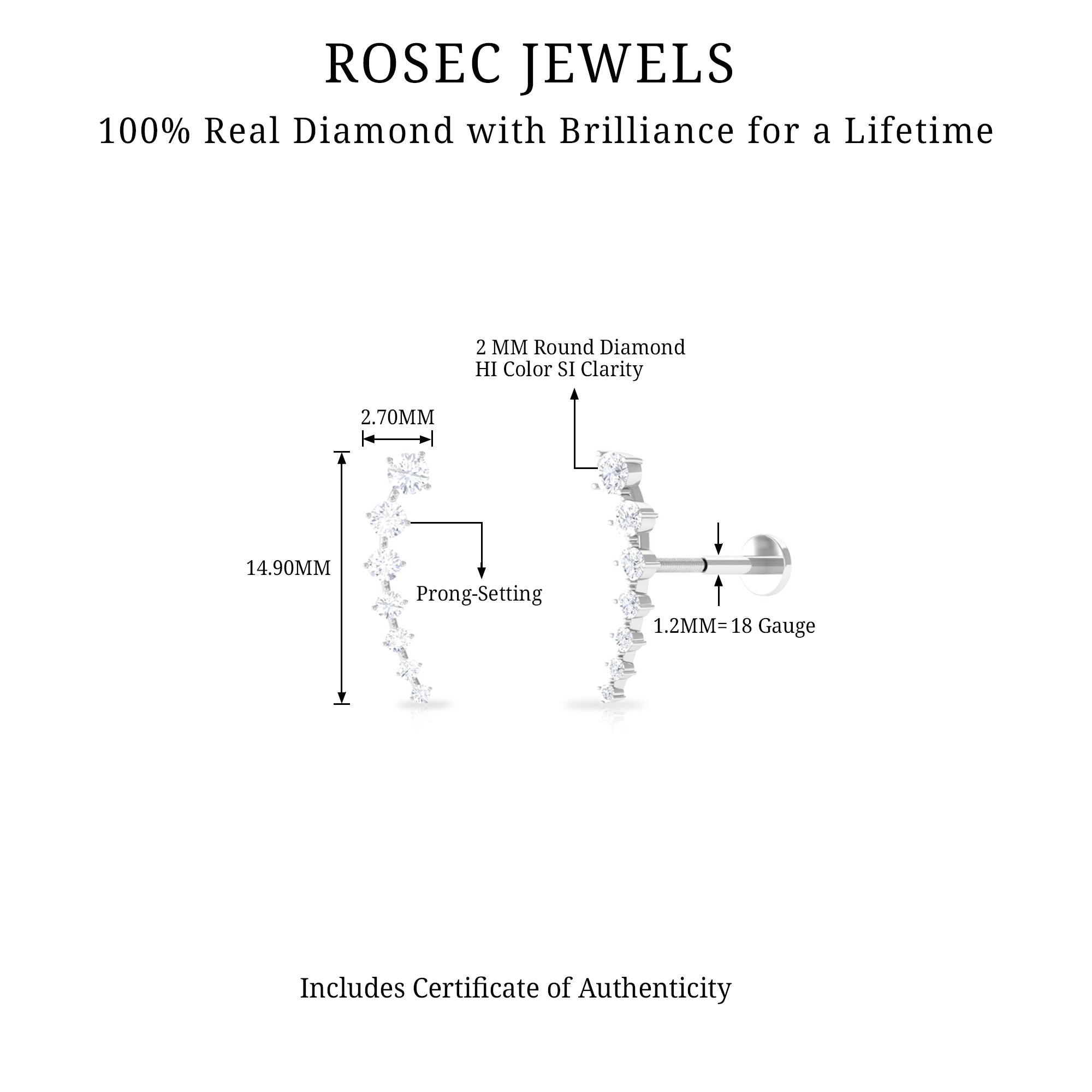 Brilliant Cut Diamond Ear Climber Earring for Helix Piercing