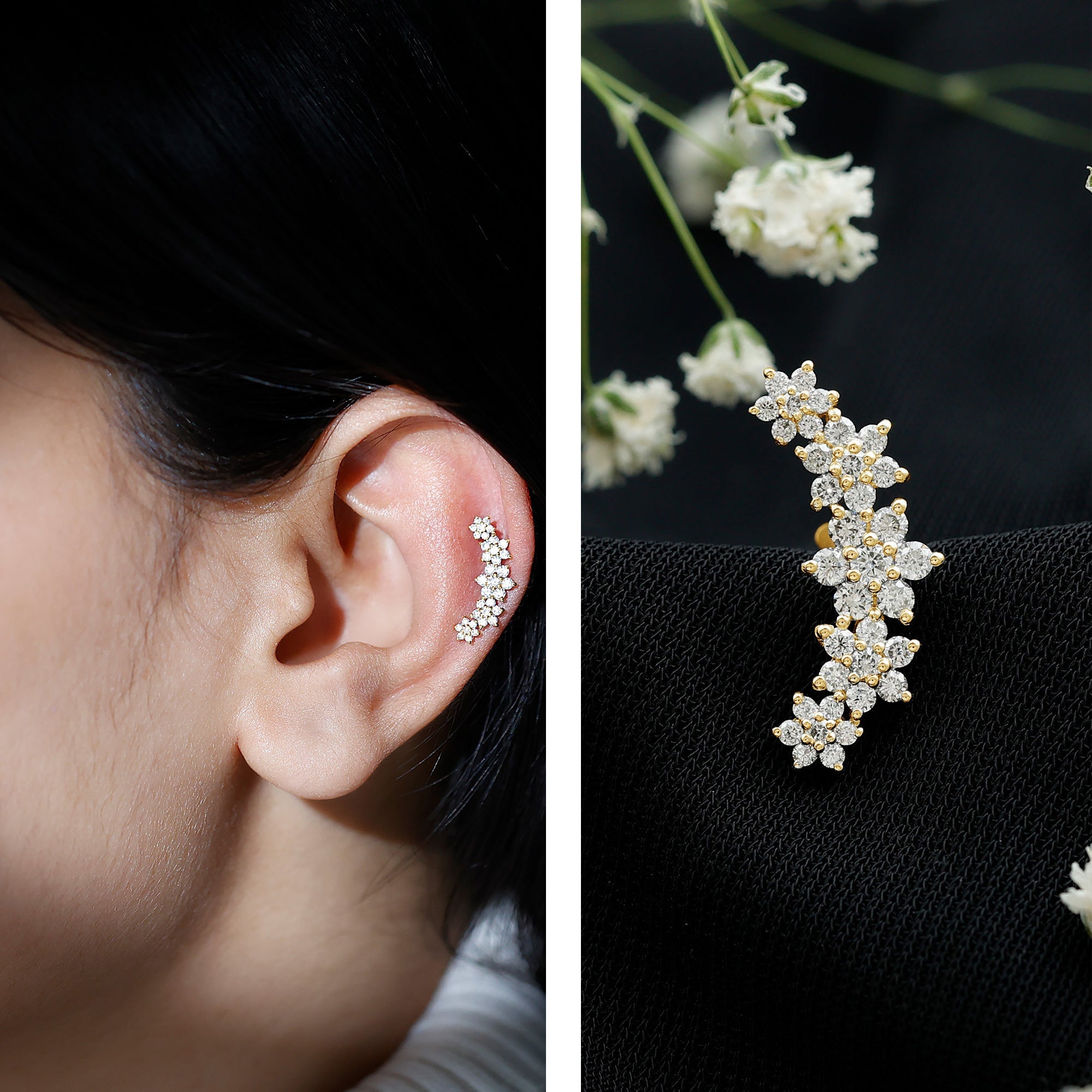Diamond Flower Ear Crawler Earring