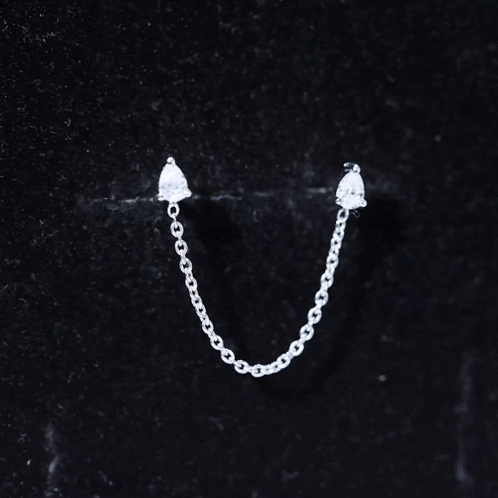 Pear Moissanite Double Piercing Earring with Dangling Chain