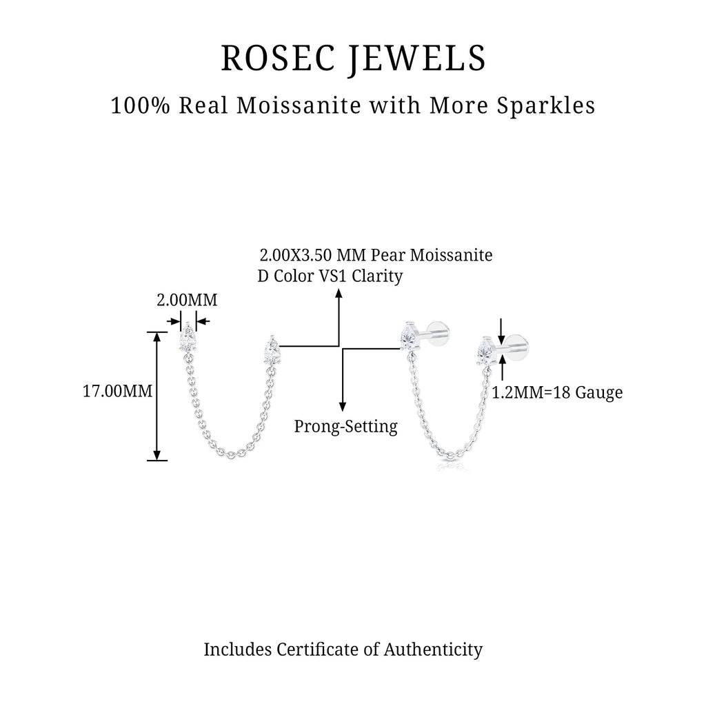 Pear Moissanite Double Piercing Earring with Dangling Chain