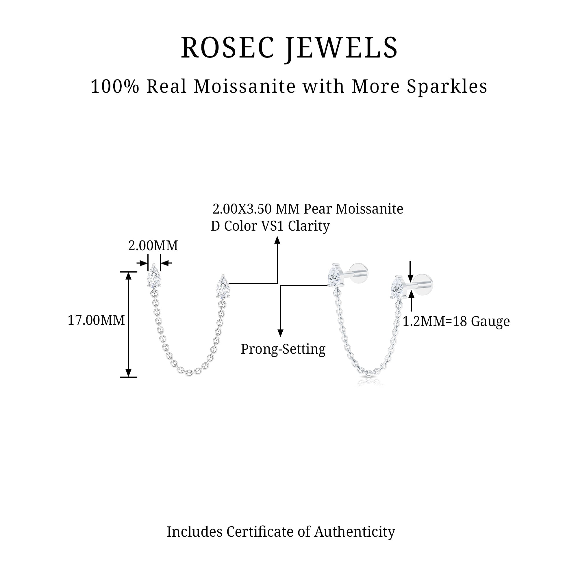 Pear Moissanite Double Piercing Earring with Dangling Chain