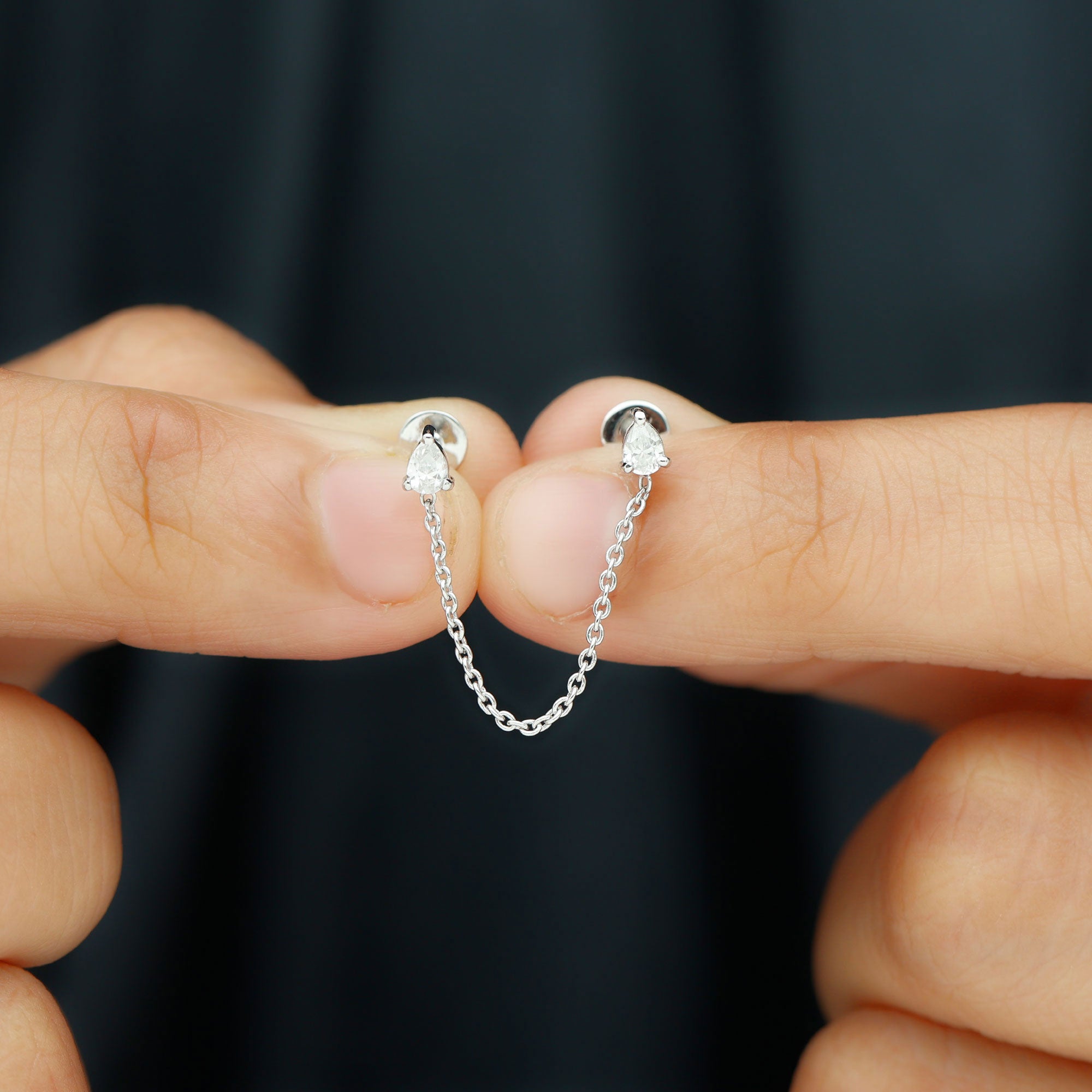 Pear Moissanite Double Piercing Earring with Dangling Chain