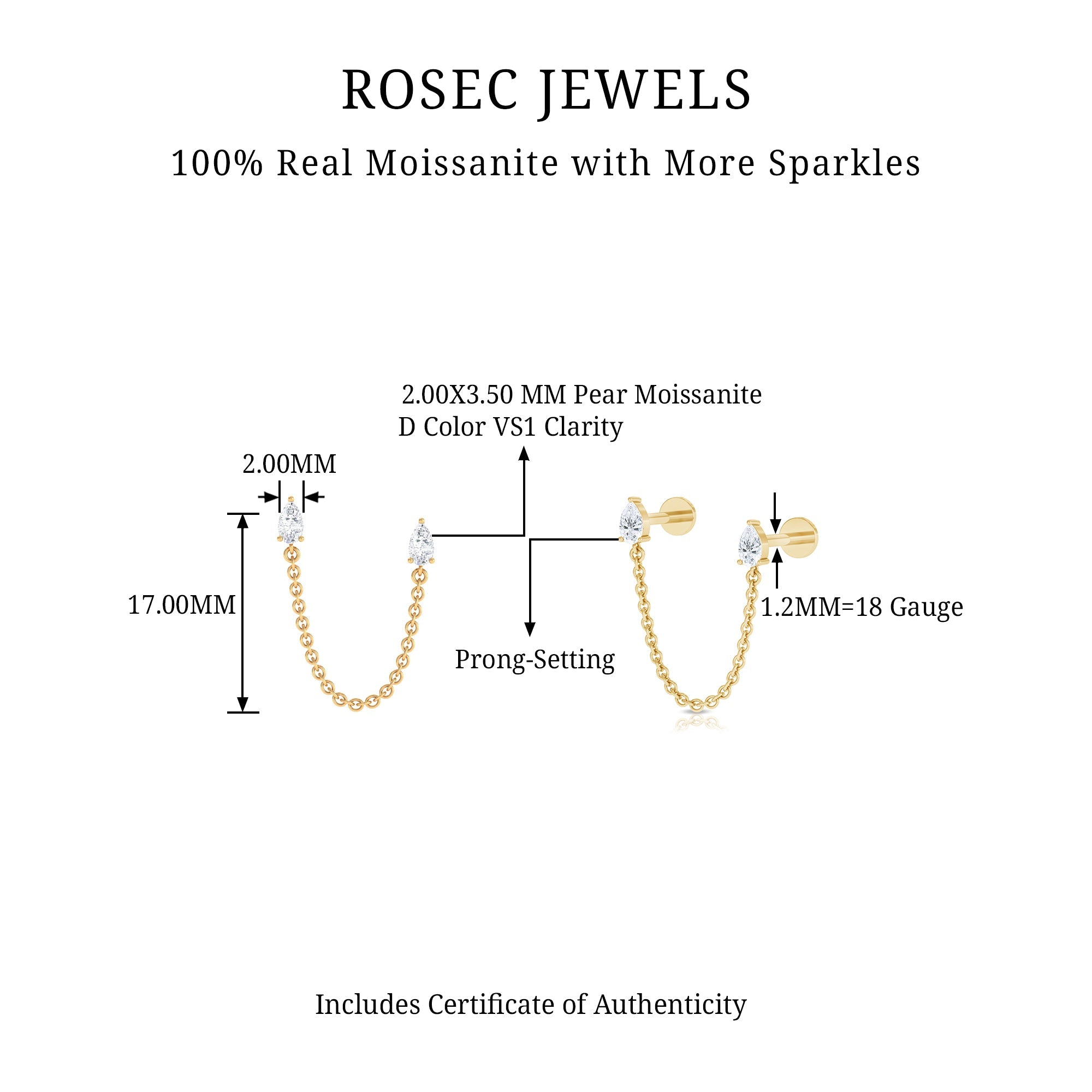 Pear Moissanite Double Piercing Earring with Dangling Chain