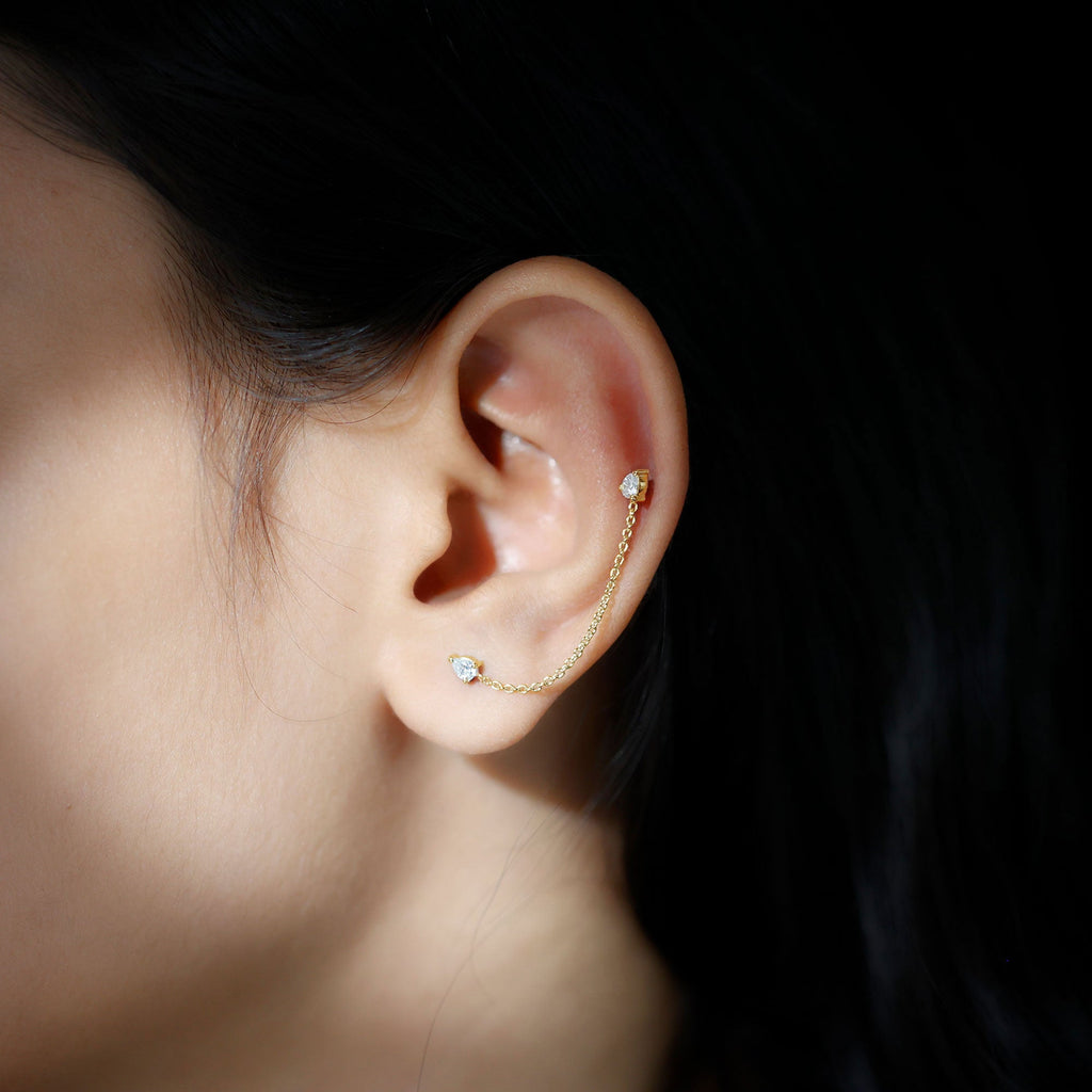 Pear Moissanite Double Piercing Earring with Dangling Chain