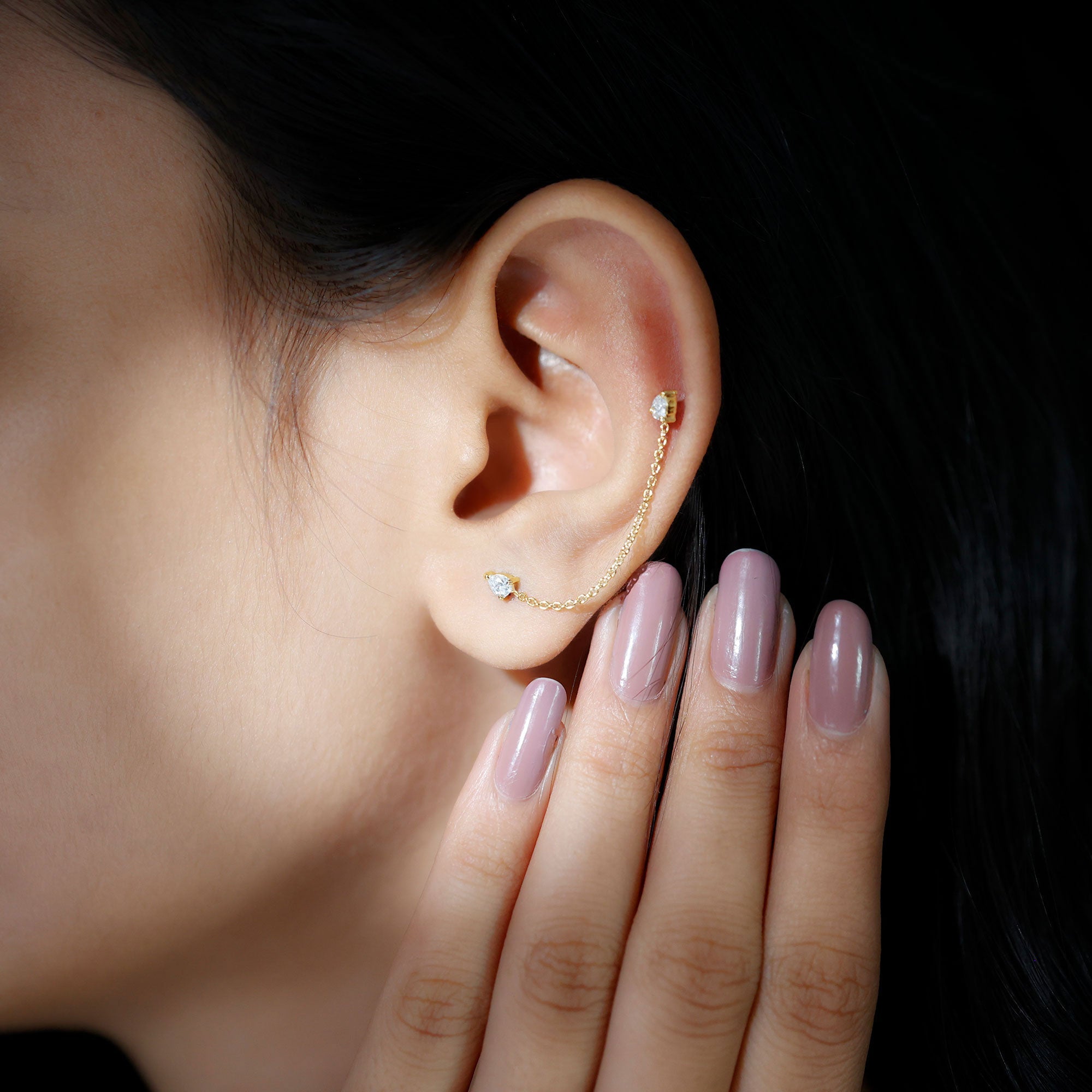 Pear Moissanite Double Piercing Earring with Dangling Chain