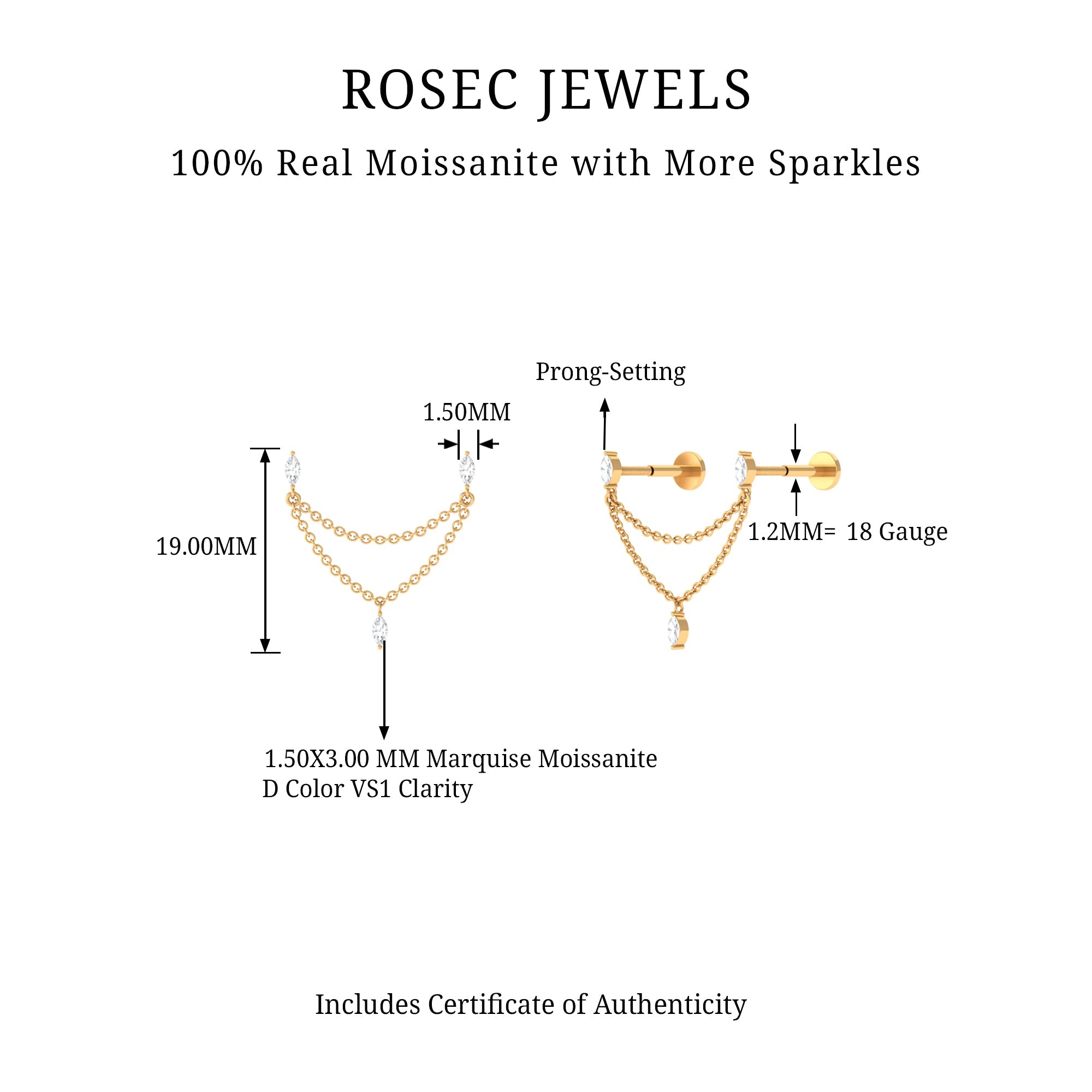 Marquise Moissanite Double Chain Earring in Gold