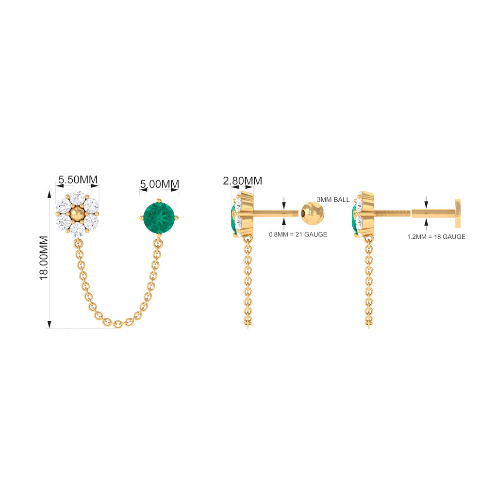 Green Emerald and Moissanite Floral Cartilage Chain Earring