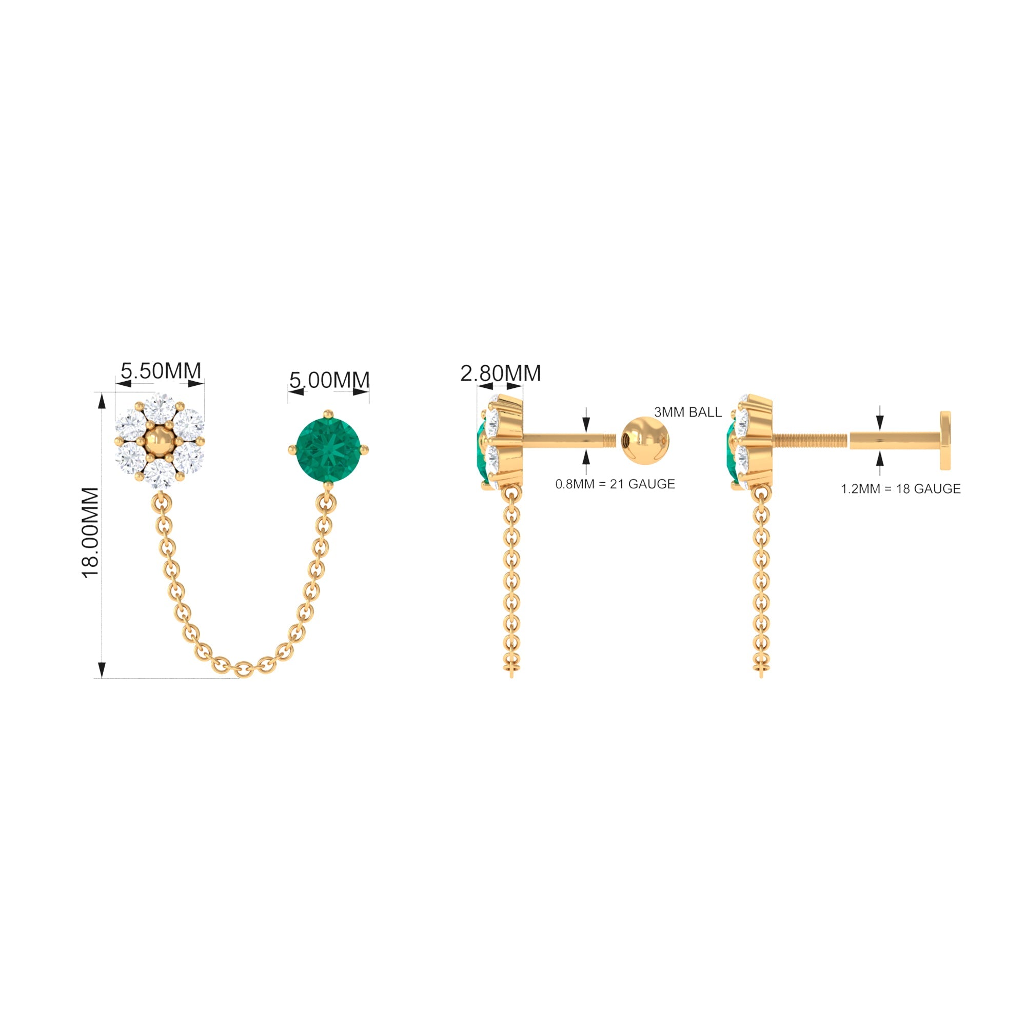 Green Emerald and Moissanite Floral Cartilage Chain Earring