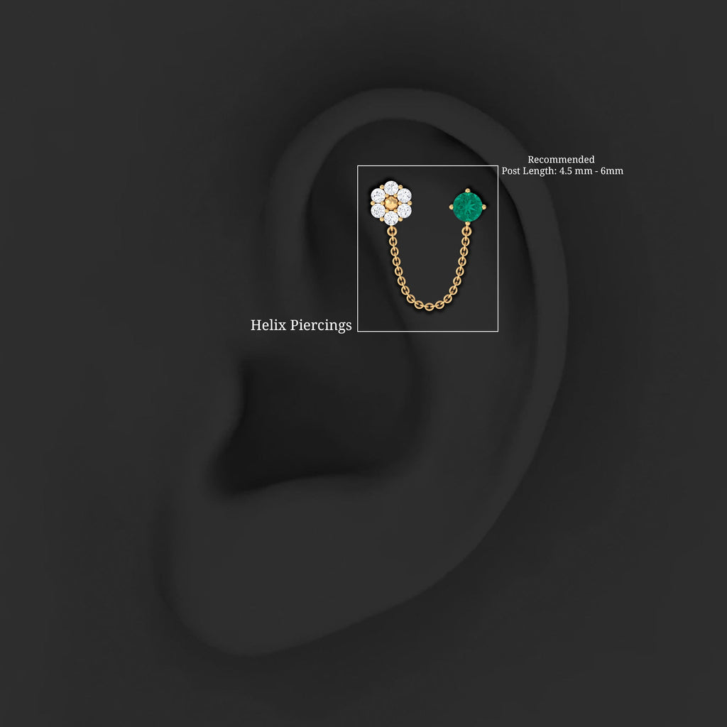 Green Emerald and Moissanite Floral Cartilage Chain Earring