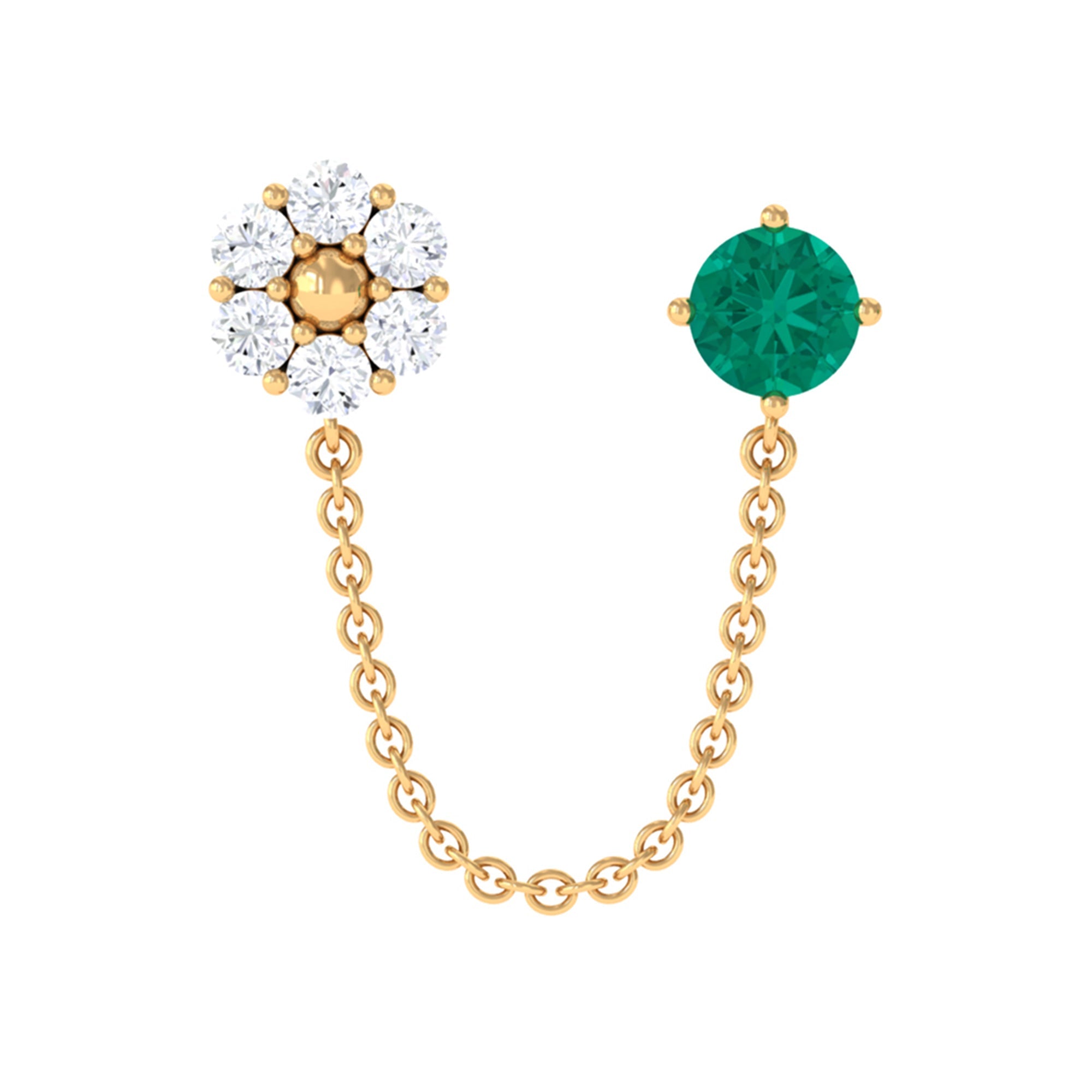 Green Emerald and Moissanite Floral Cartilage Chain Earring