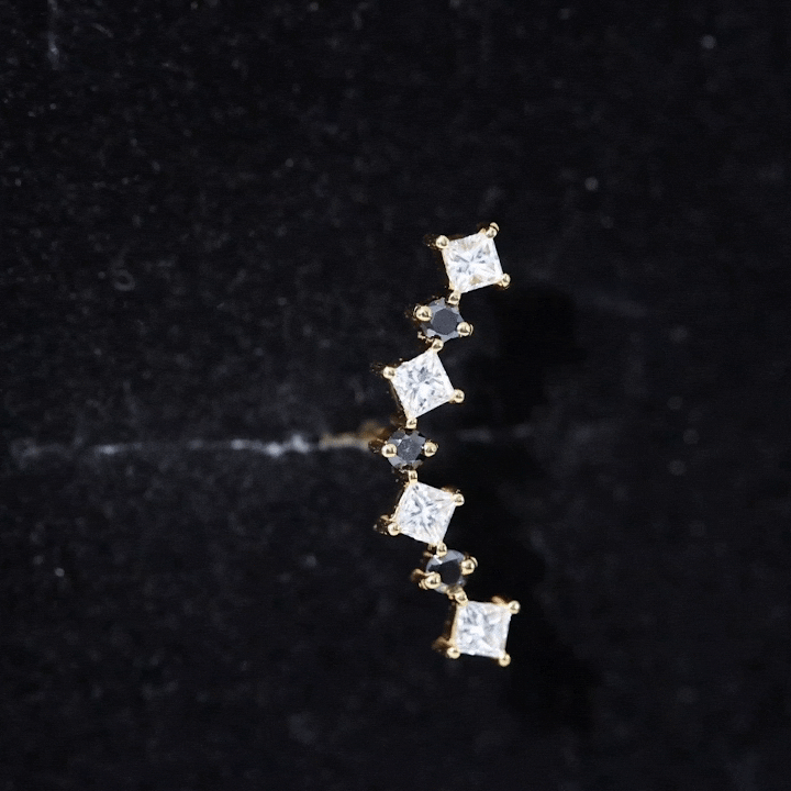 Natural Black Diamond and Moissanite Ear Climber Earring