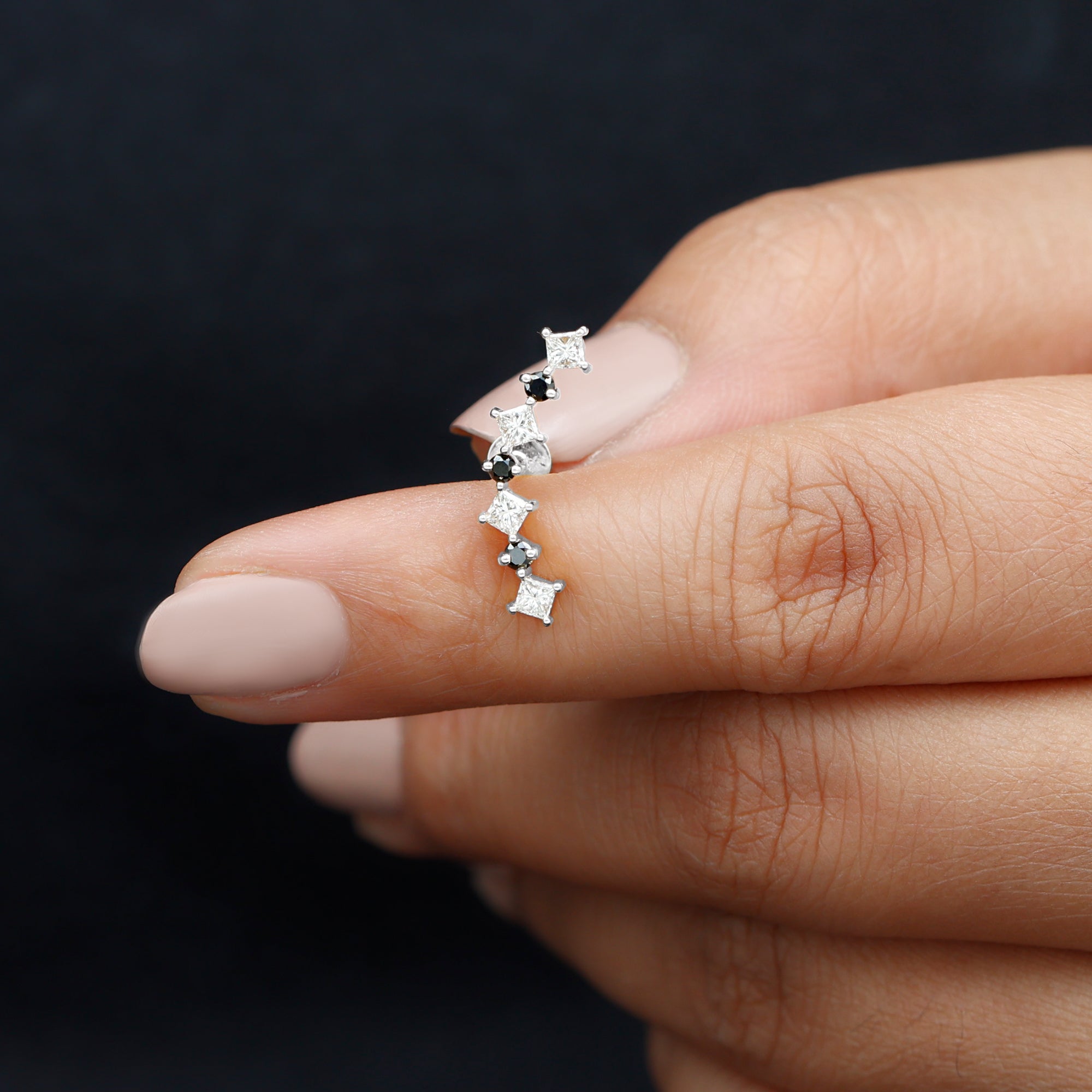 Natural Black Diamond and Moissanite Ear Climber Earring