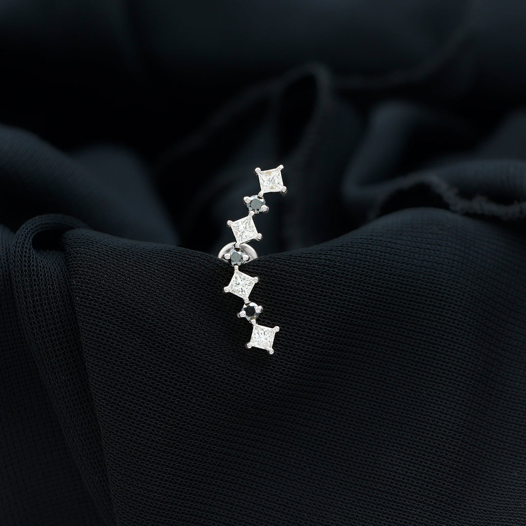 Natural Black Diamond and Moissanite Ear Climber Earring