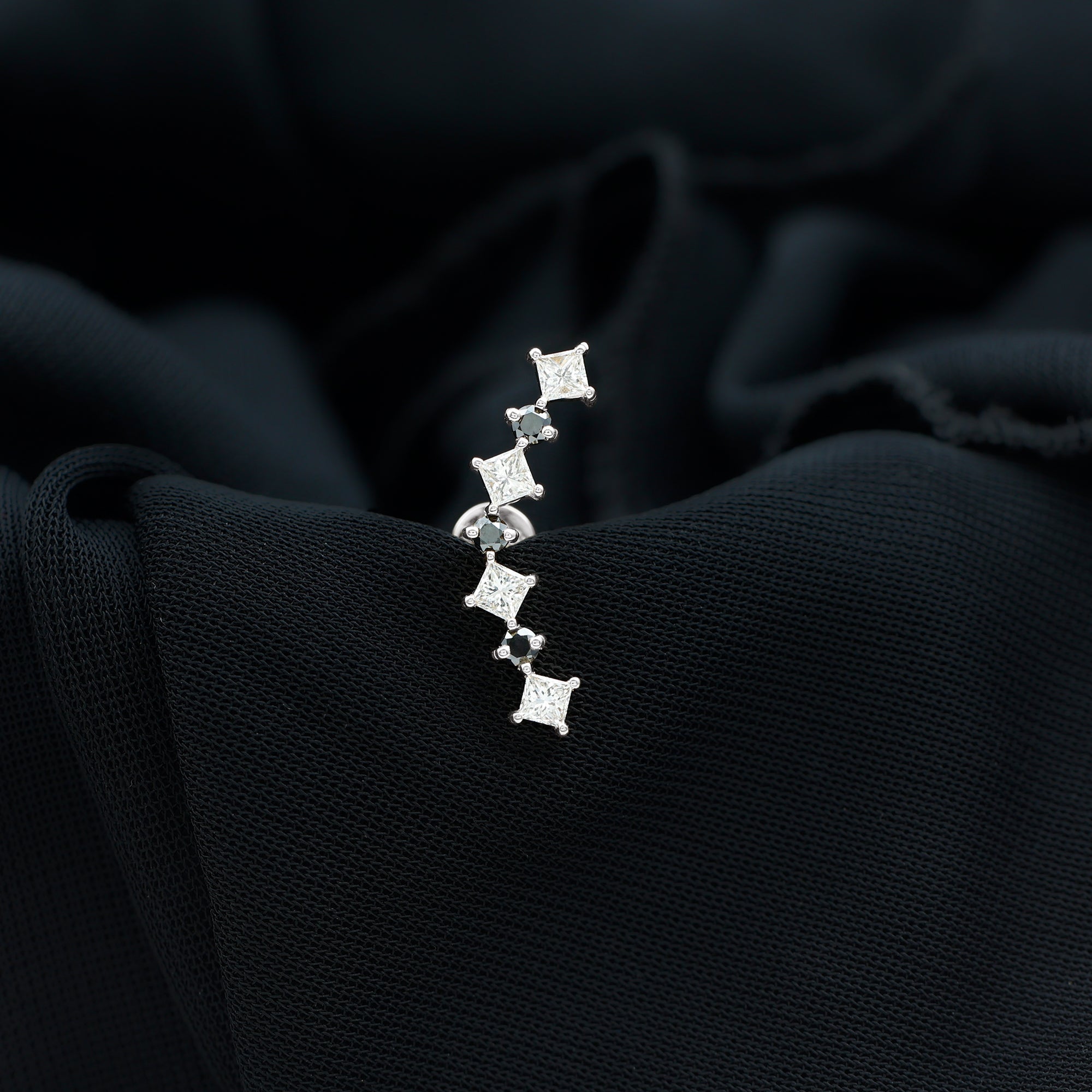 Natural Black Diamond and Moissanite Ear Climber Earring