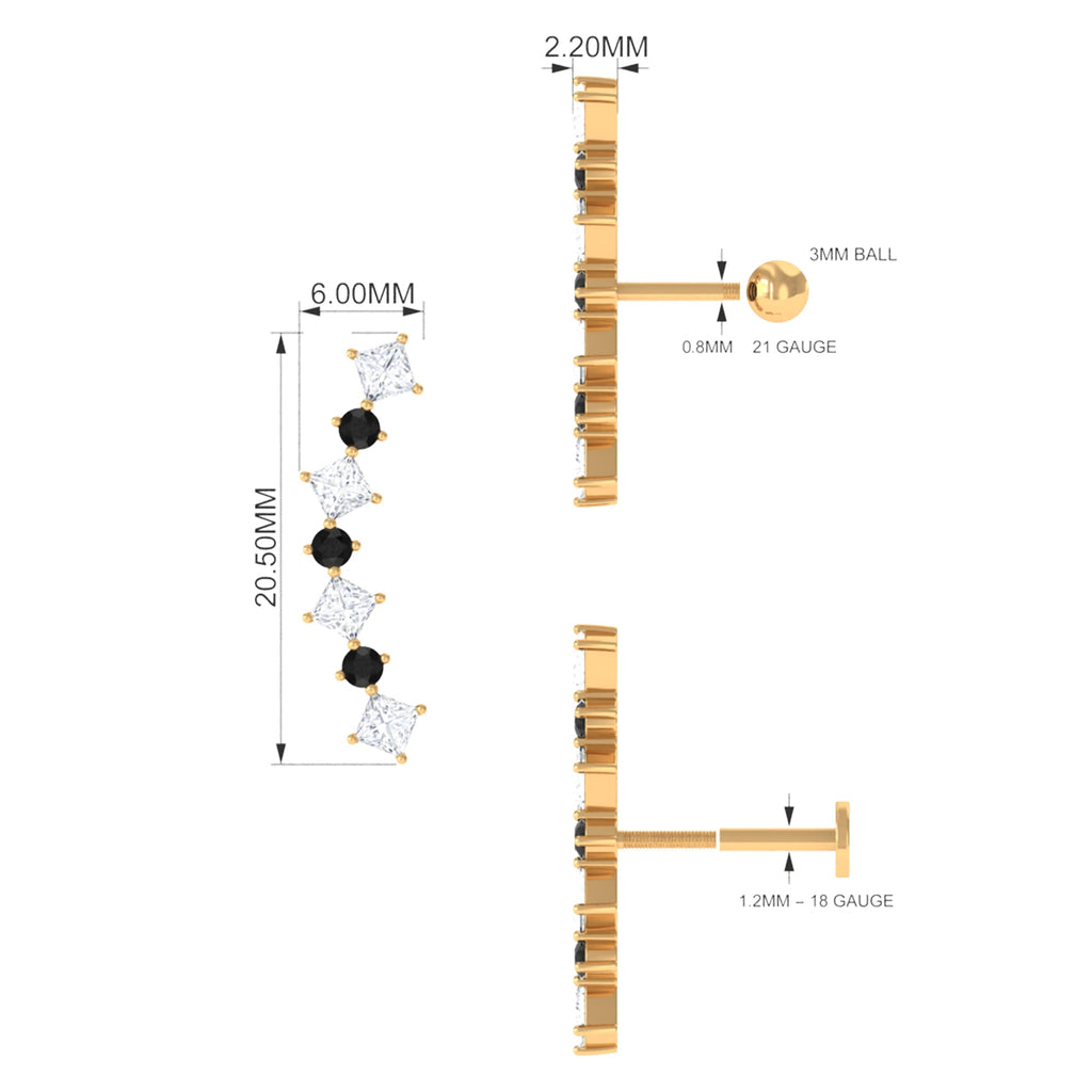 Natural Black Diamond and Moissanite Ear Climber Earring