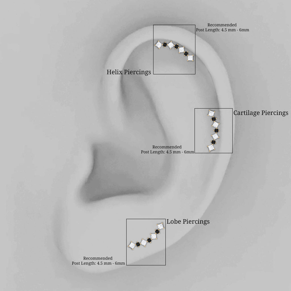 Natural Black Diamond and Moissanite Ear Climber Earring