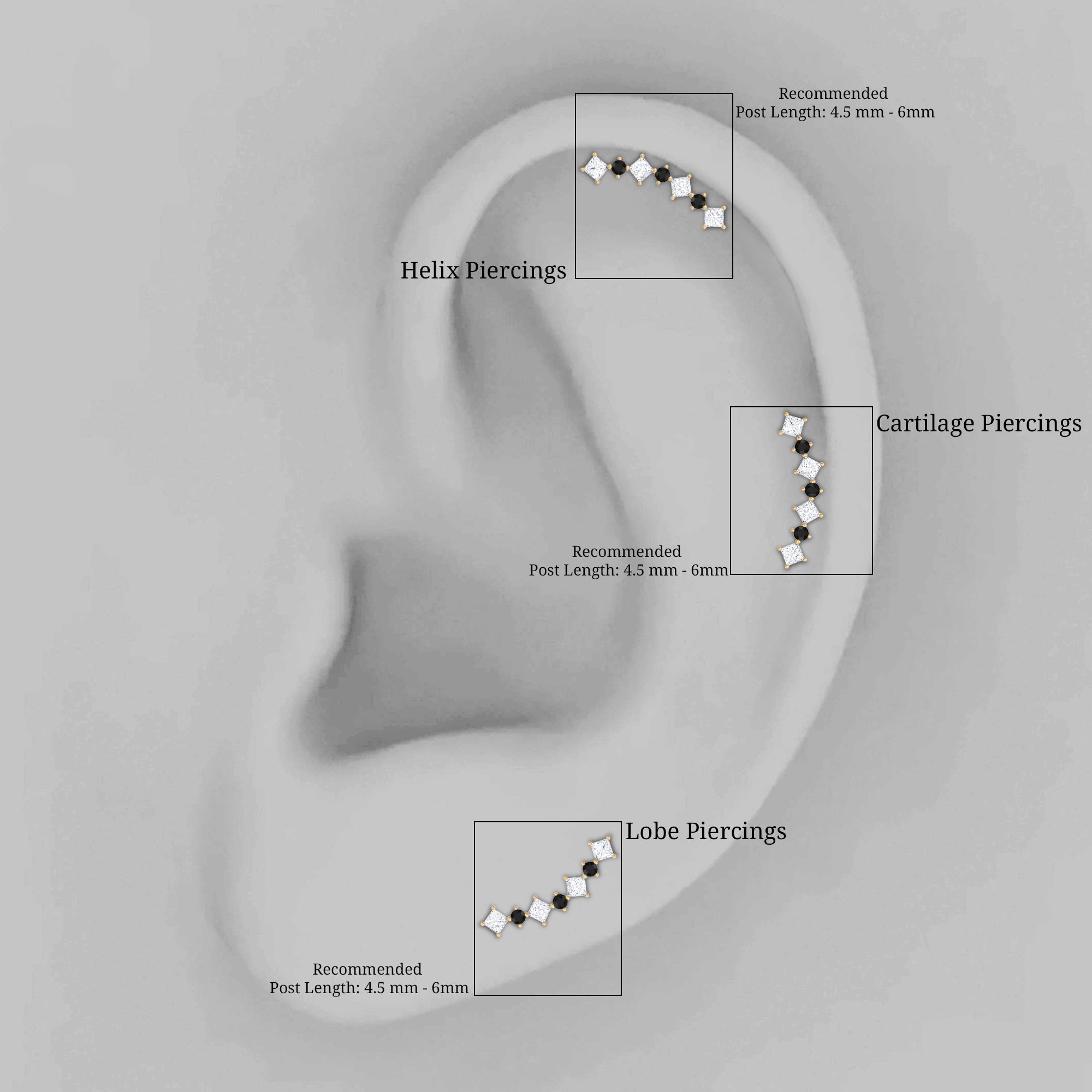 Natural Black Diamond and Moissanite Ear Climber Earring