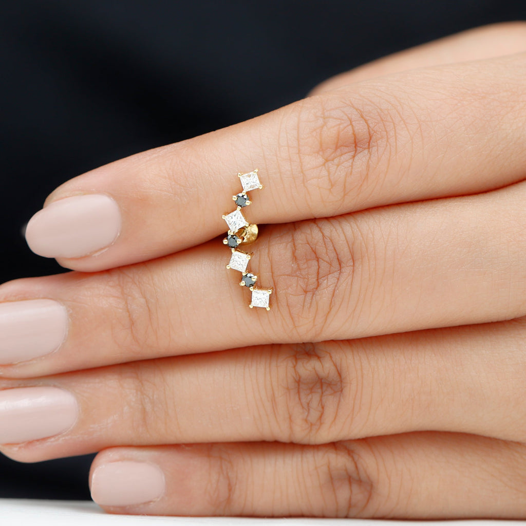 Natural Black Diamond and Moissanite Ear Climber Earring