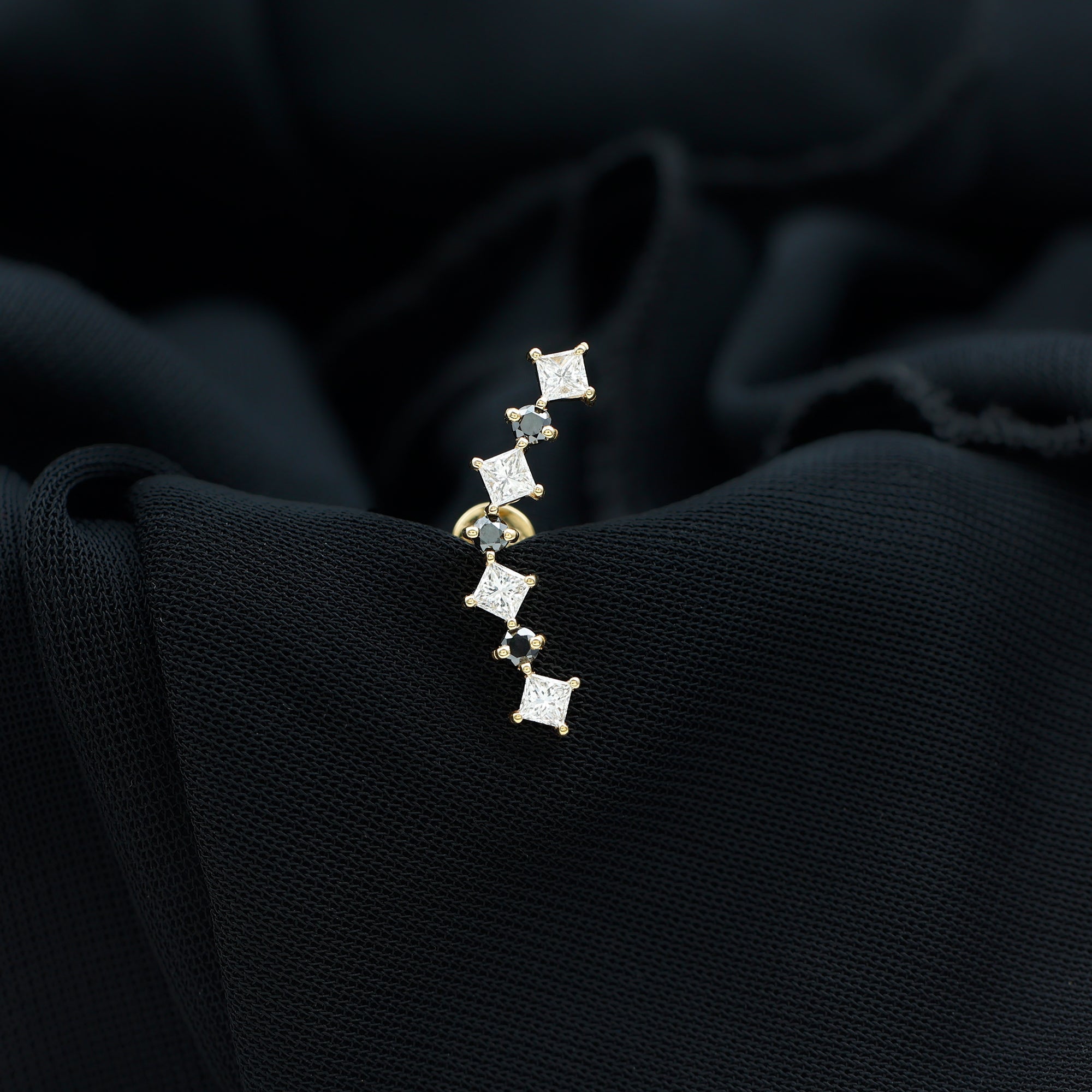 Natural Black Diamond and Moissanite Ear Climber Earring