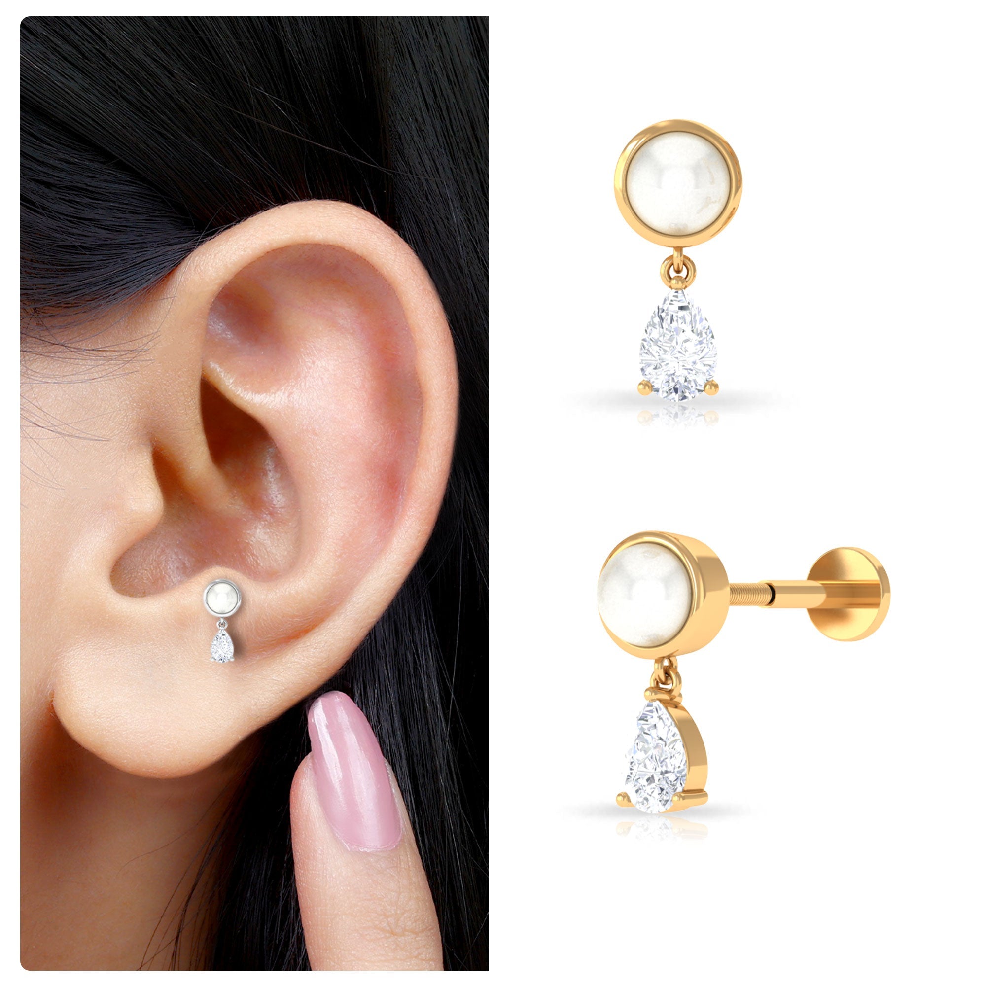 Freshwater Pearl and Moissanite Dangling Cartilage Earring