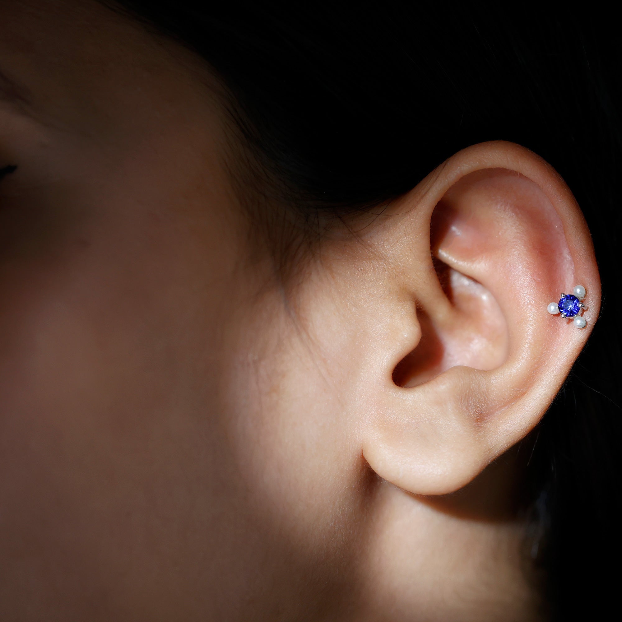 Blue Sapphire and Freshwater Pearl Cartilage Earring
