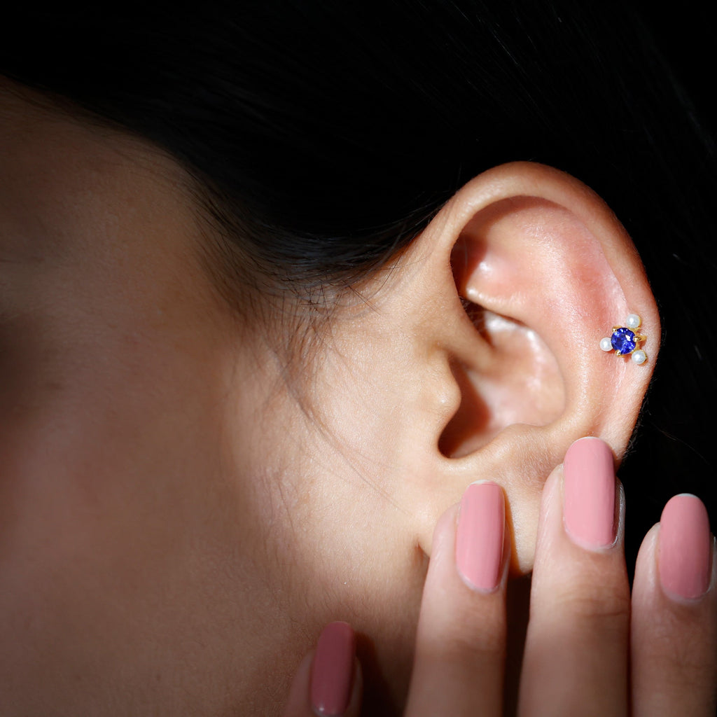 Blue Sapphire and Freshwater Pearl Cartilage Earring
