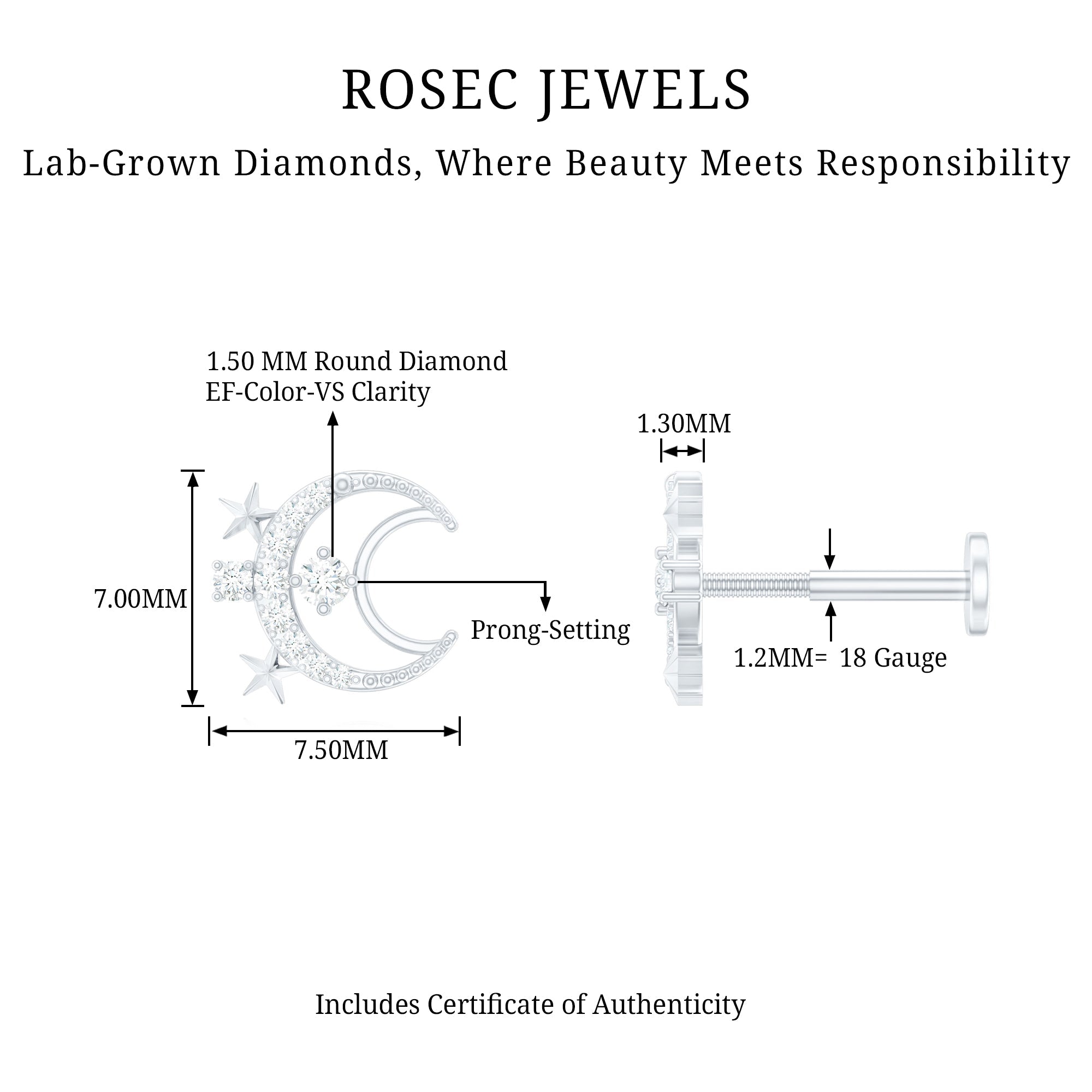 Diamond Star and Moon Earring for Helix Piercing