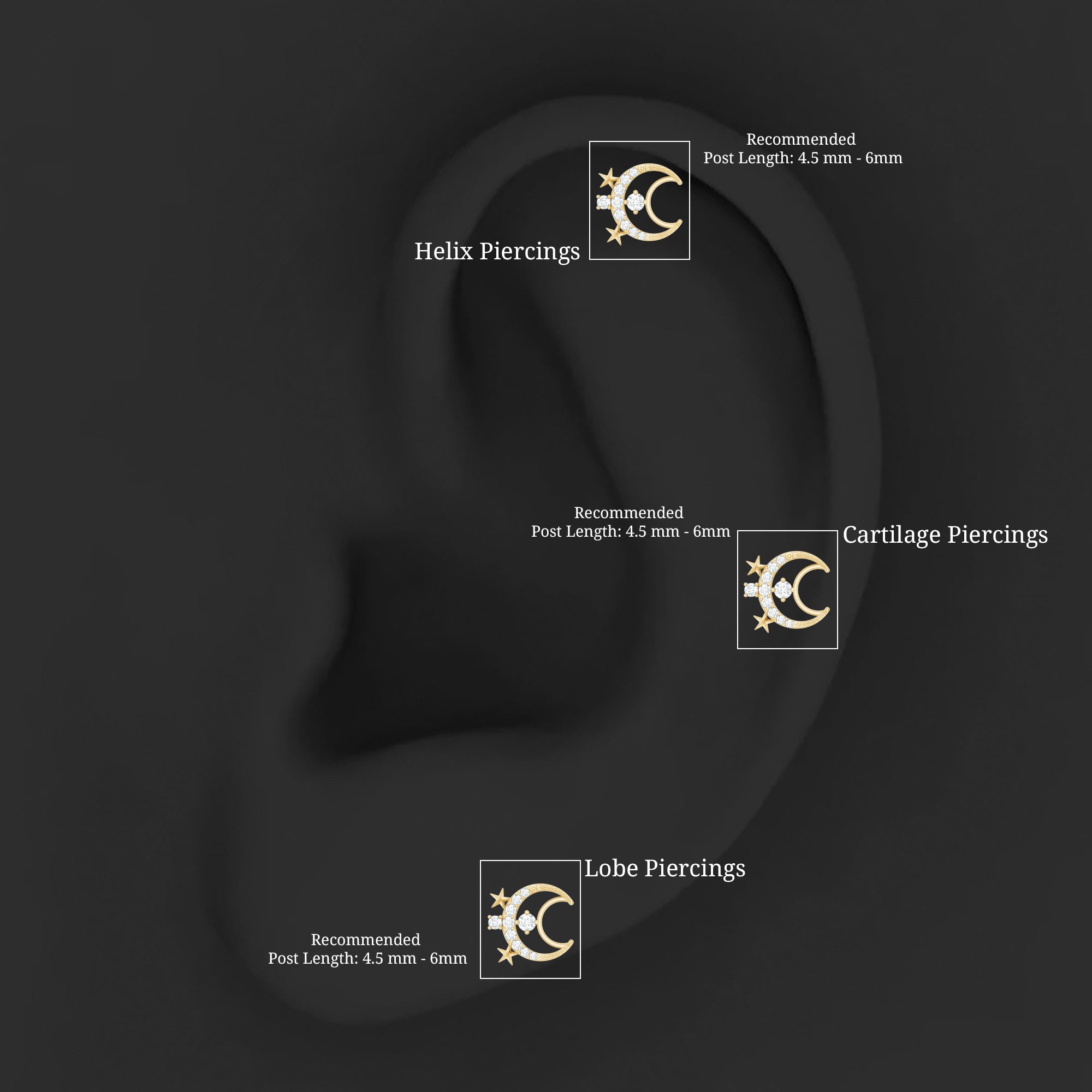 Diamond Star and Moon Earring for Helix Piercing