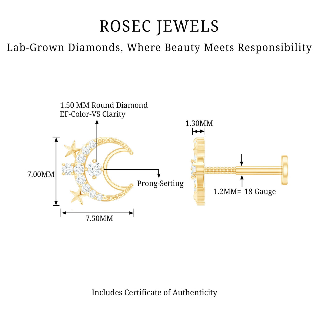 Diamond Star and Moon Earring for Helix Piercing