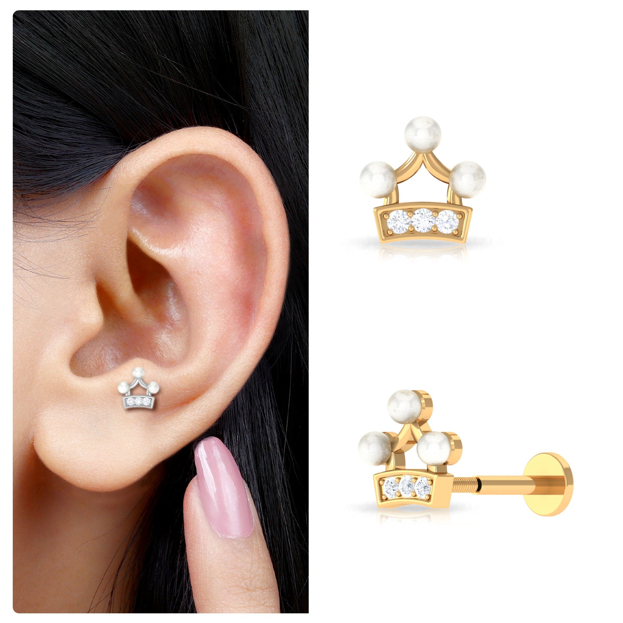 Freshwater Pearl and Diamond Crown Cartilage Earring