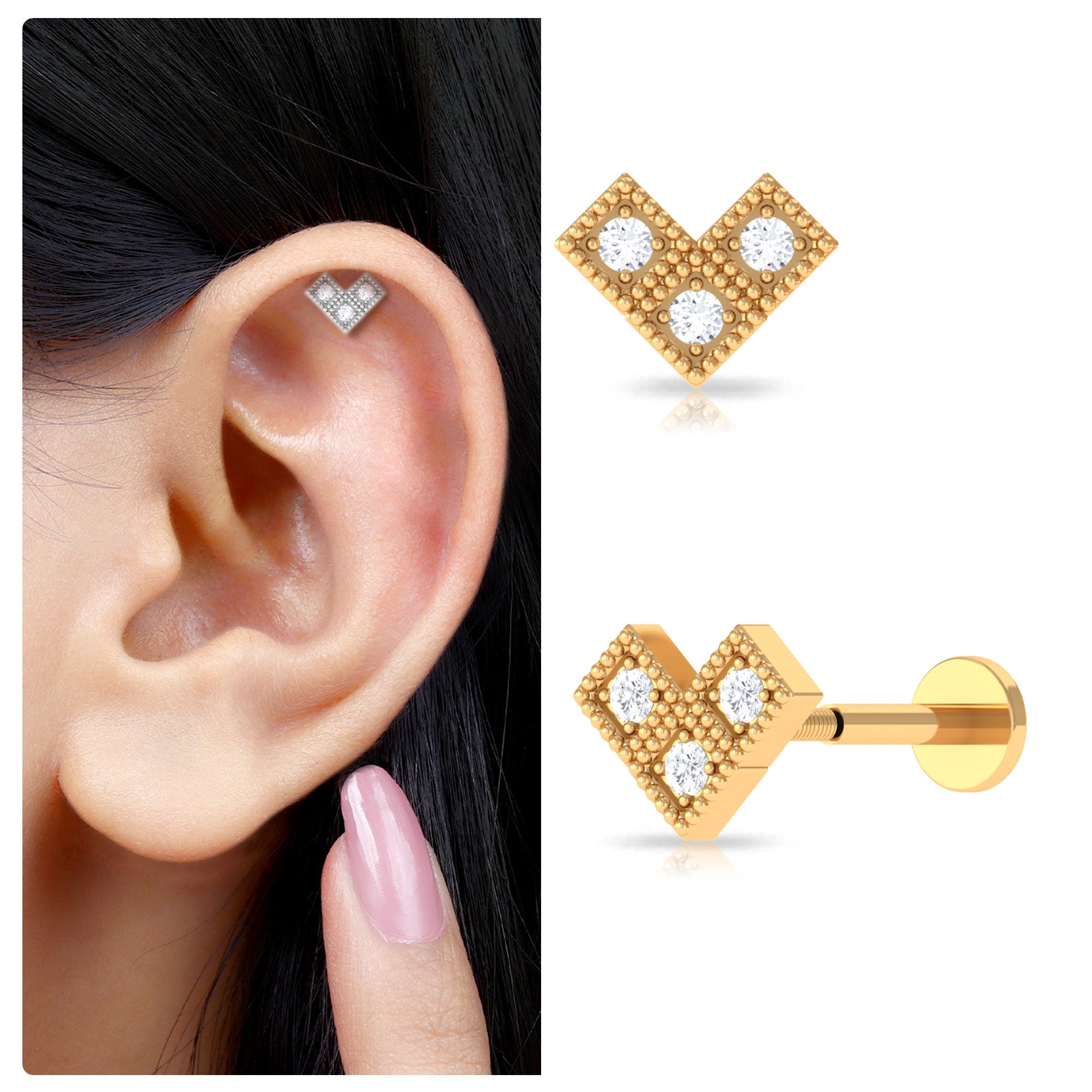 Round Diamond Gold Beaded V Shape Earring