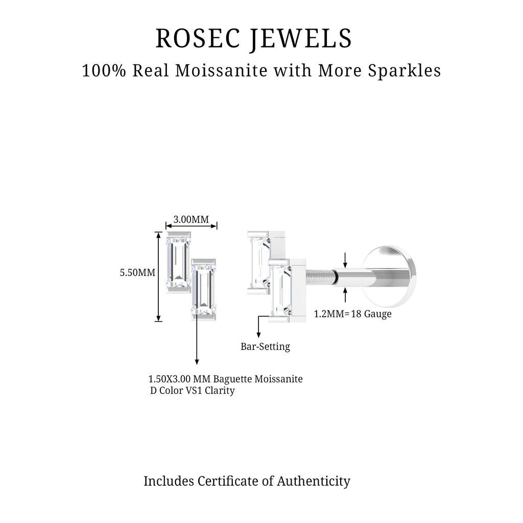 Dainty Baguette Moissanite 2 Stone Earring for Helix Piercing