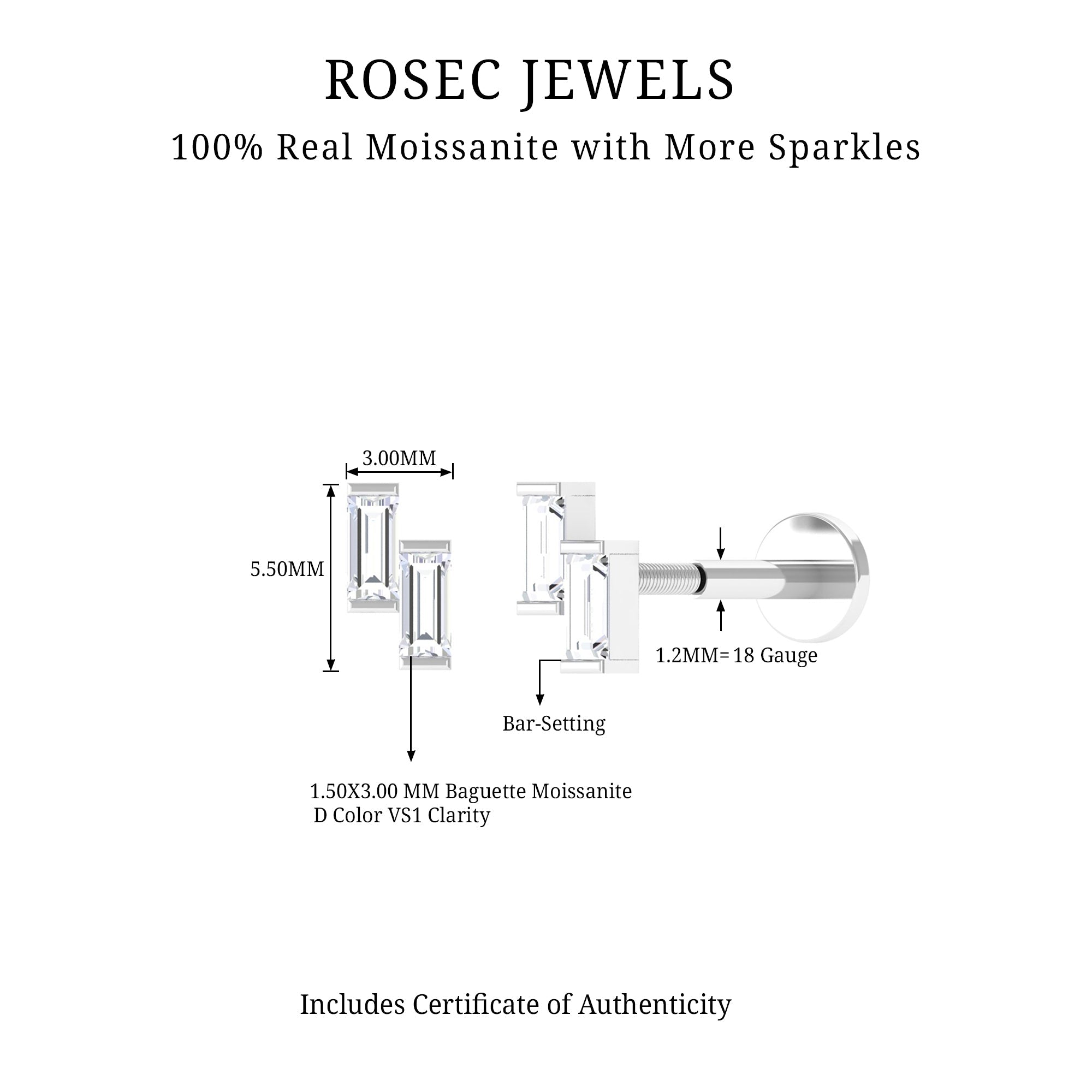 Dainty Baguette Moissanite 2 Stone Earring for Helix Piercing