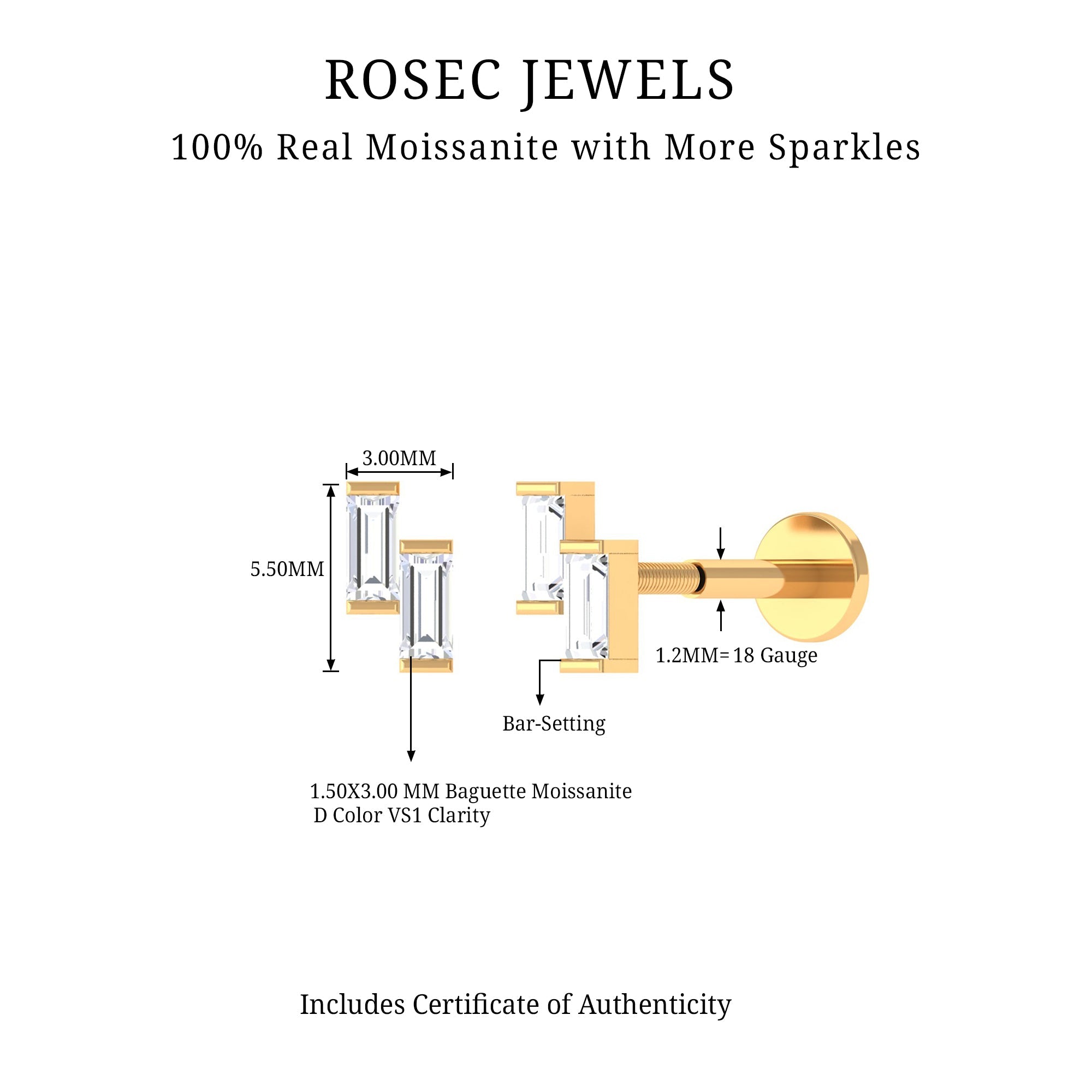 Dainty Baguette Moissanite 2 Stone Earring for Helix Piercing