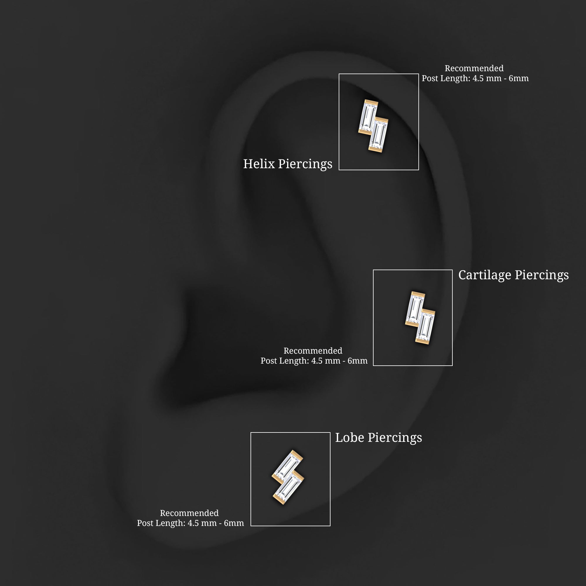 Dainty Baguette Moissanite 2 Stone Earring for Helix Piercing