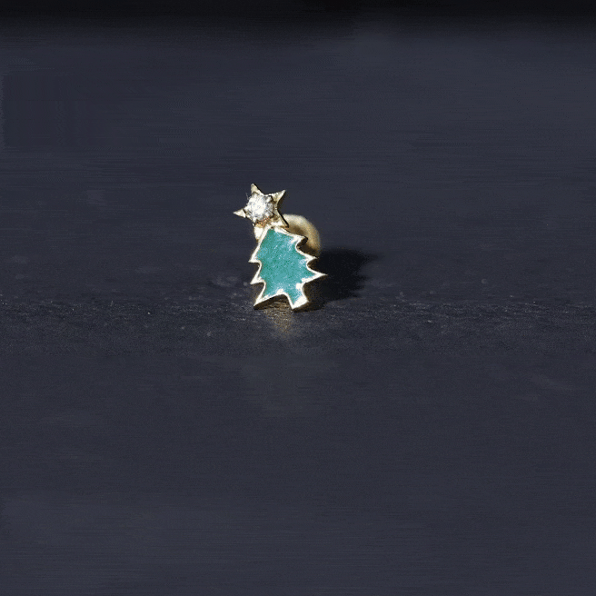 Real Diamond Green Enamel Christmas Tree Cartilage Earring