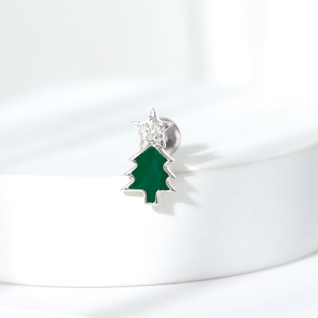 Real Diamond Green Enamel Christmas Tree Cartilage Earring