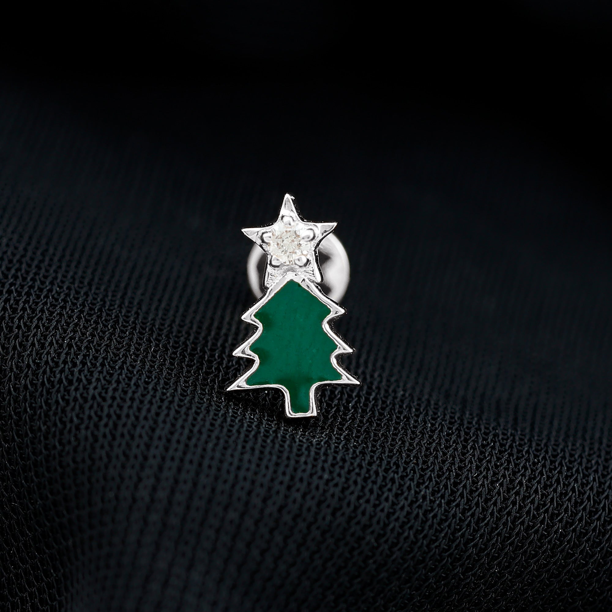 Real Diamond Green Enamel Christmas Tree Cartilage Earring