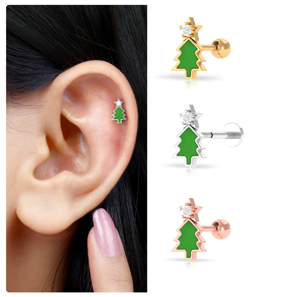 Real Diamond Green Enamel Christmas Tree Cartilage Earring