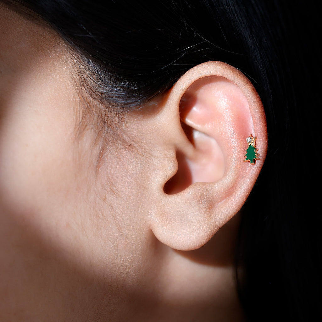 Real Diamond Green Enamel Christmas Tree Cartilage Earring