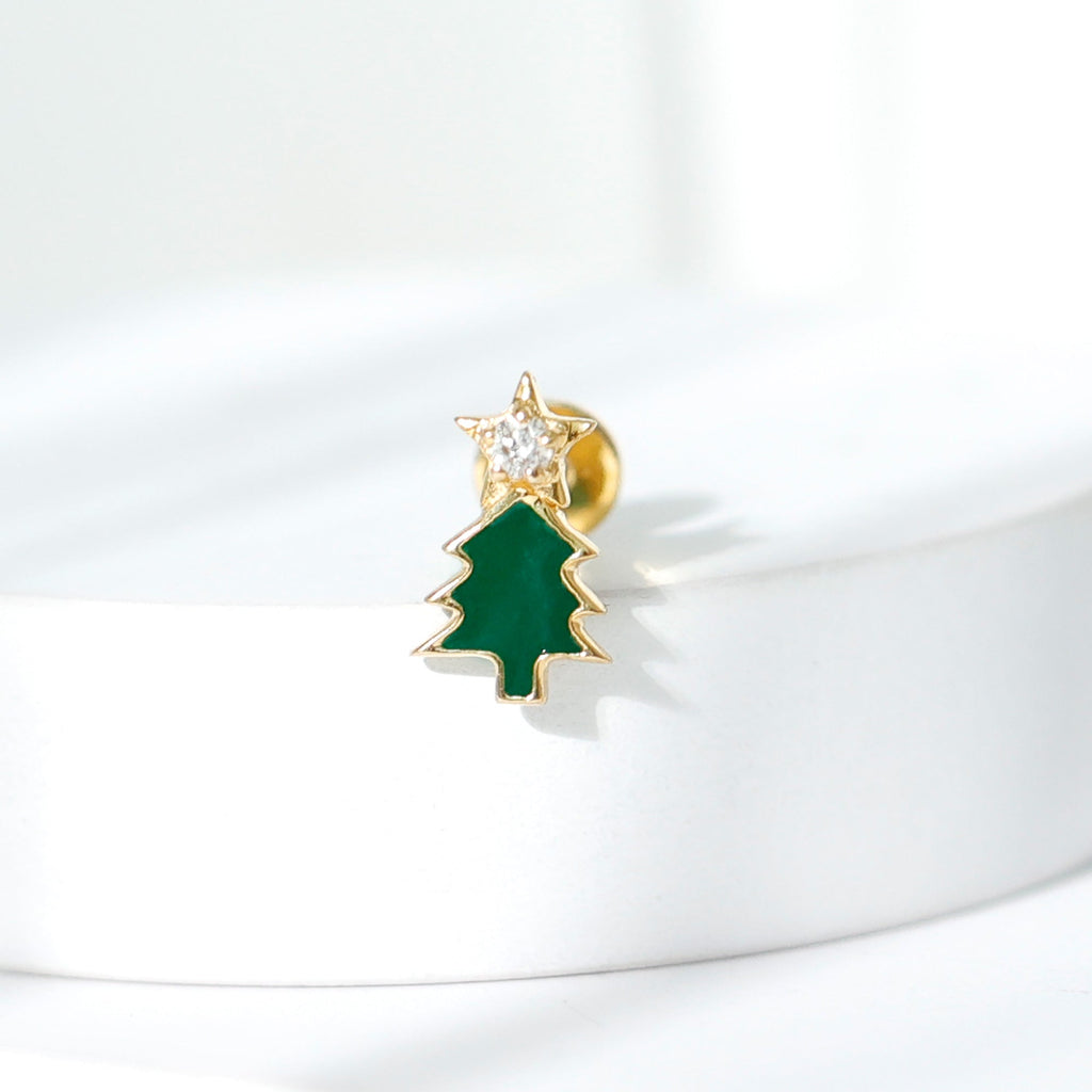 Real Diamond Green Enamel Christmas Tree Cartilage Earring