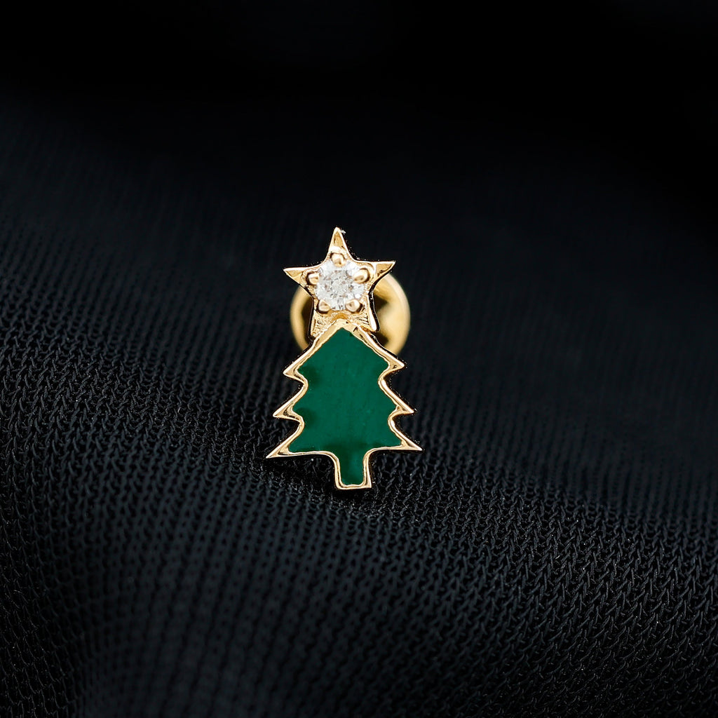Real Diamond Green Enamel Christmas Tree Cartilage Earring