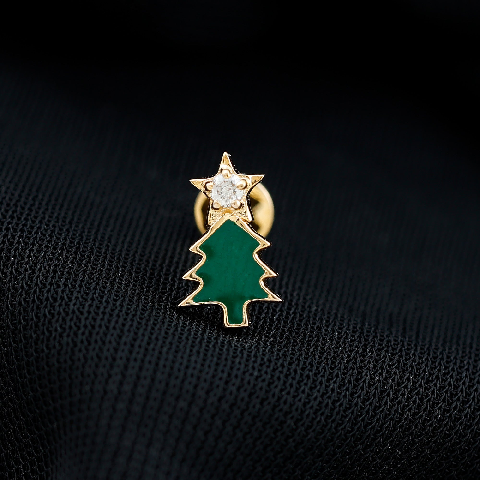 Real Diamond Green Enamel Christmas Tree Cartilage Earring