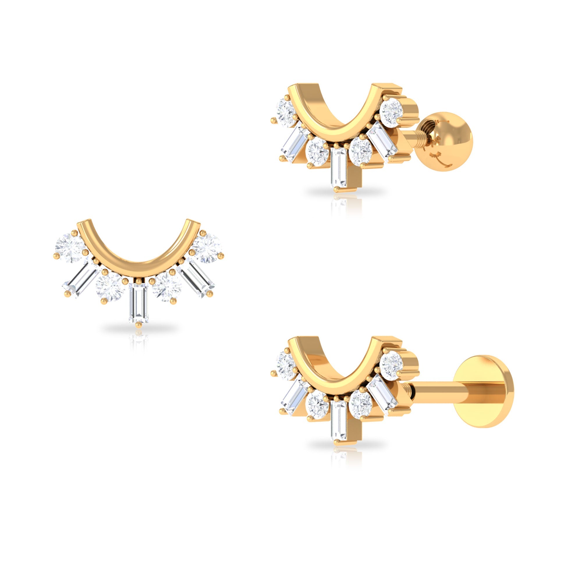 Baguette and Round Moissanite Curved Helix Earring