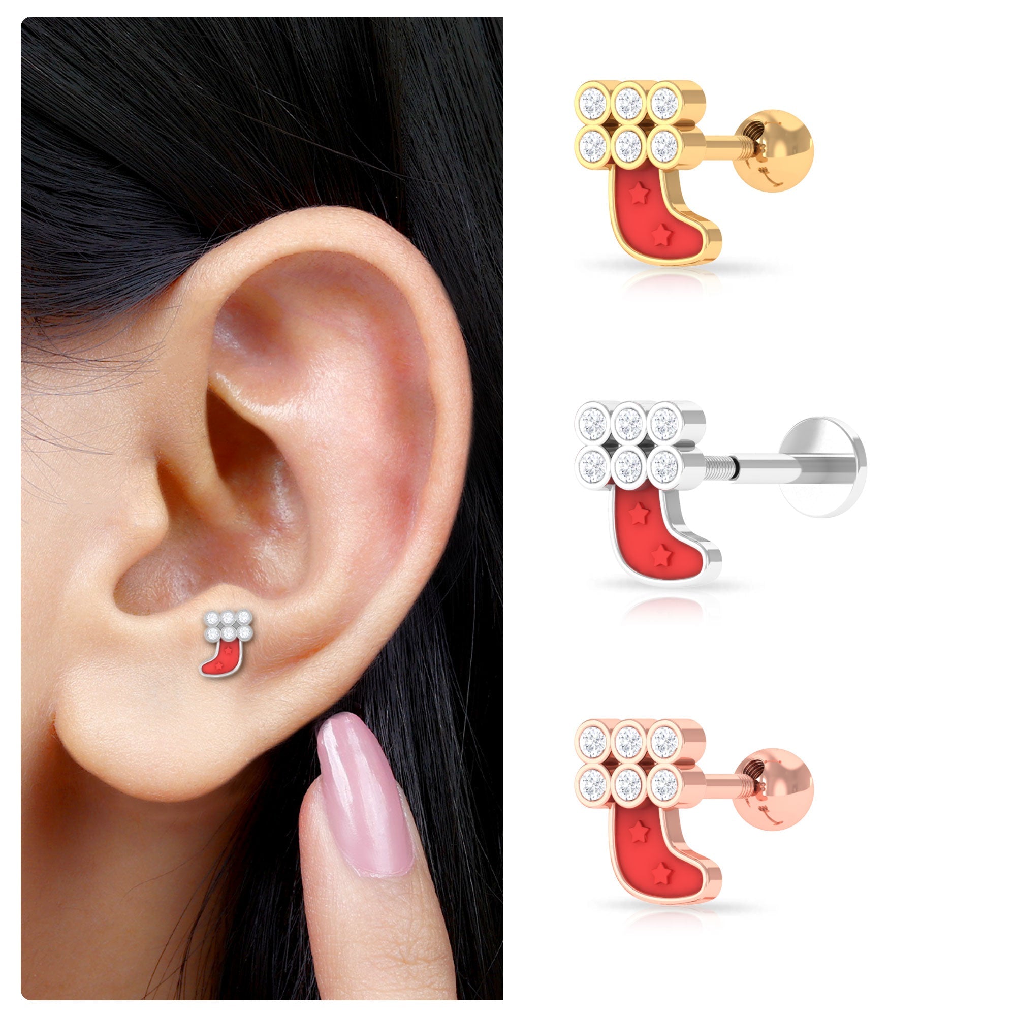 Natural Diamond Cute Christmas Stocking Earring