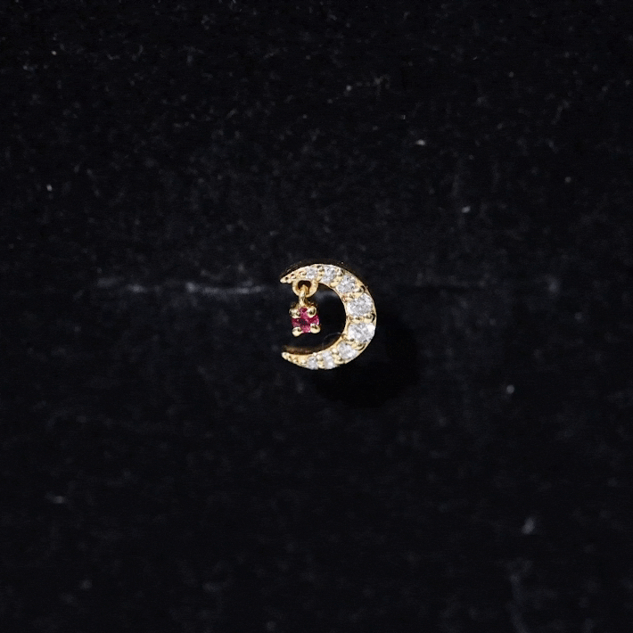 Natural Red Ruby Crescent Moon Helix Earring with Moissanite