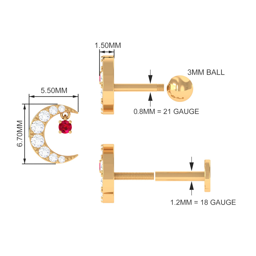 Natural Red Ruby Crescent Moon Helix Earring with Moissanite