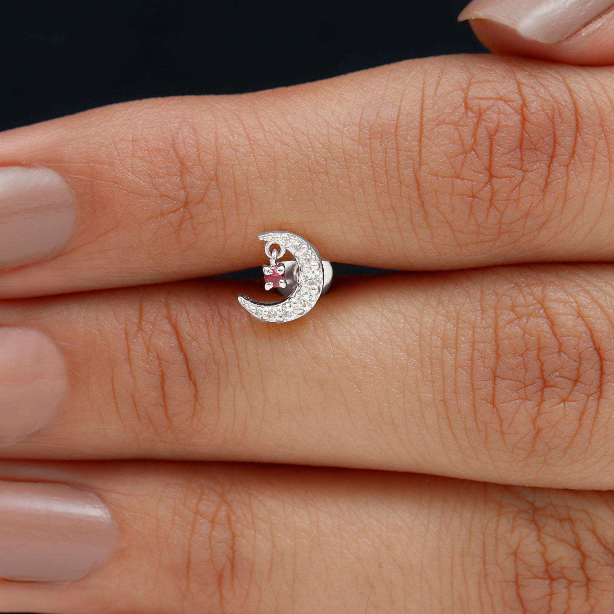 Natural Red Ruby Crescent Moon Helix Earring with Moissanite