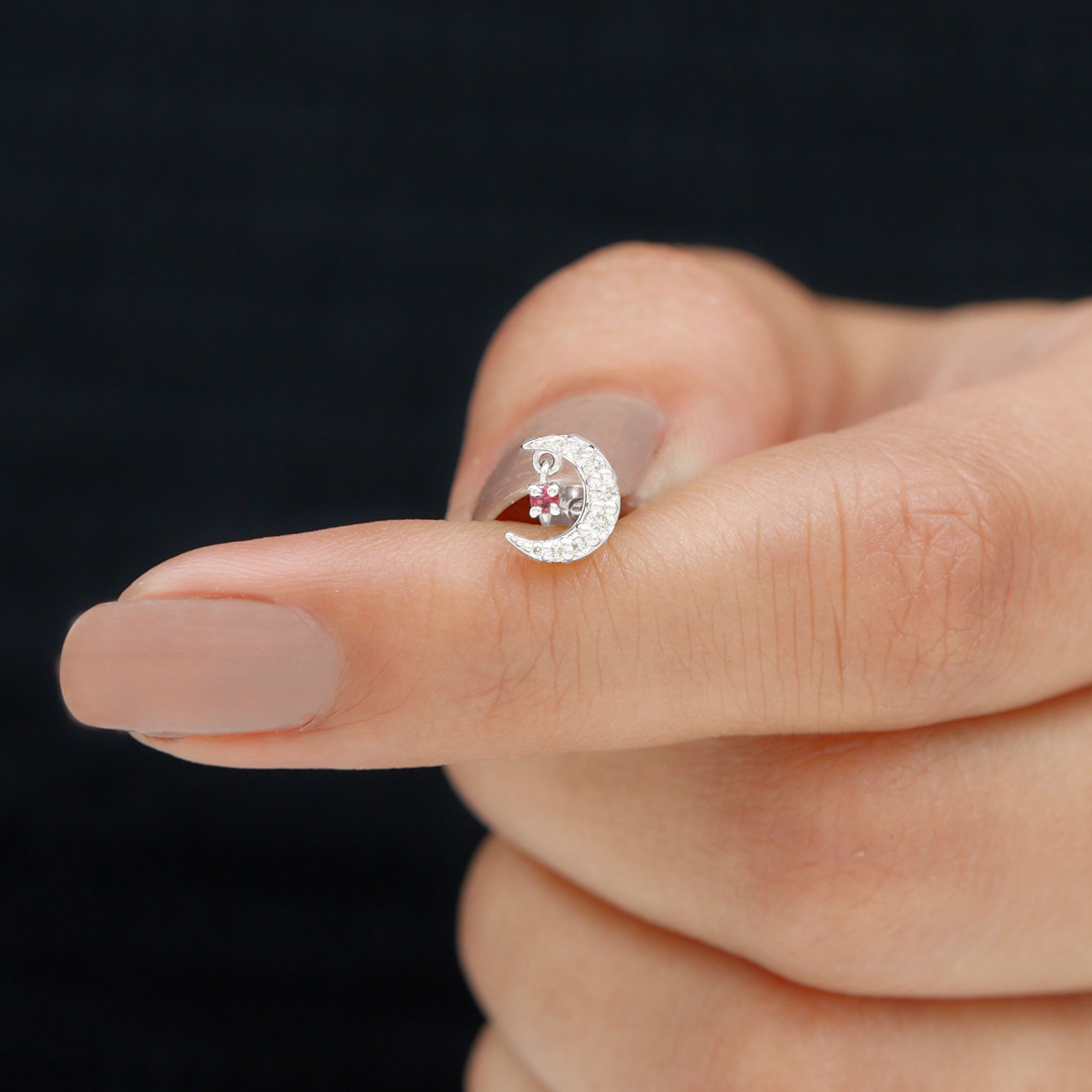 Natural Red Ruby Crescent Moon Helix Earring with Moissanite